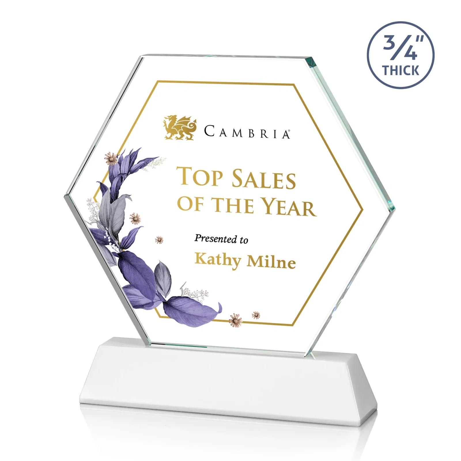 Customized Optical Crystal Hexagon Award on Tall Tapered Base, awards for retirement presentations