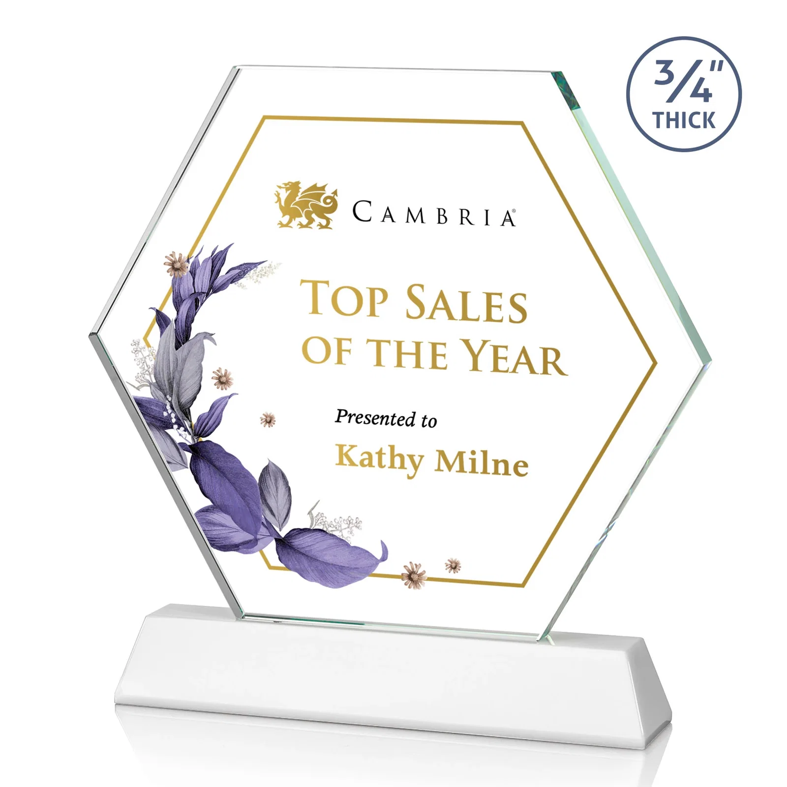 Customized Optical Crystal Hexagon Award on Tall Tapered Base, awards for team milestone celebrations