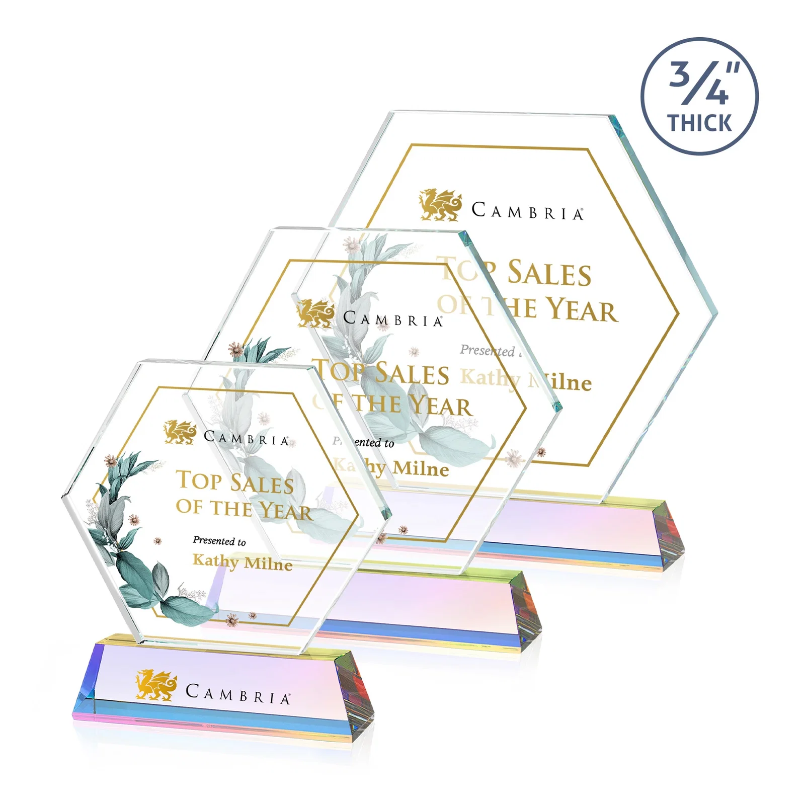Customized Optical Crystal Hexagon Award on Tall Tapered Base, awards for dealer and partner awards