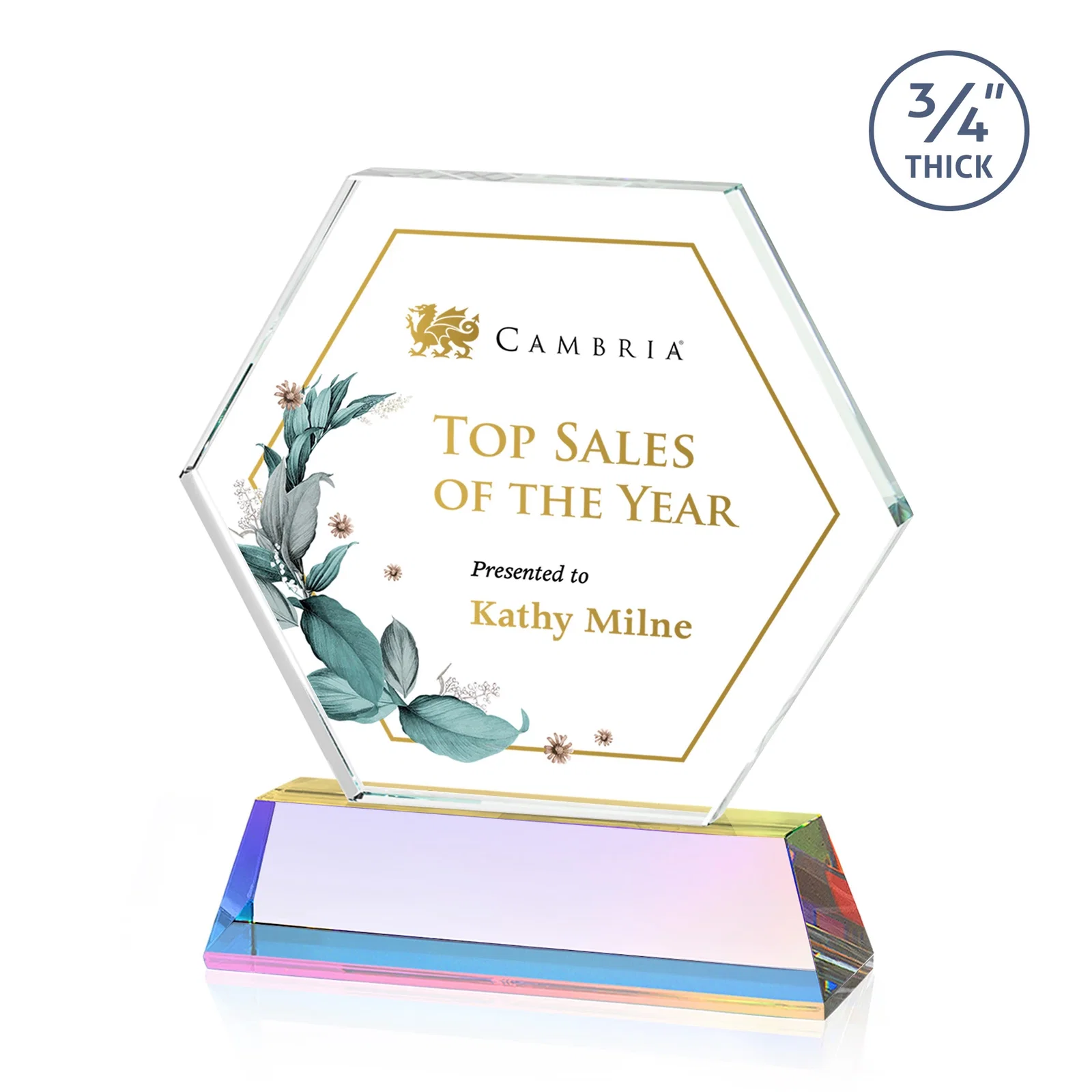 Customized Optical Crystal Hexagon Award on Tall Tapered Base, awards for company anniversary events
