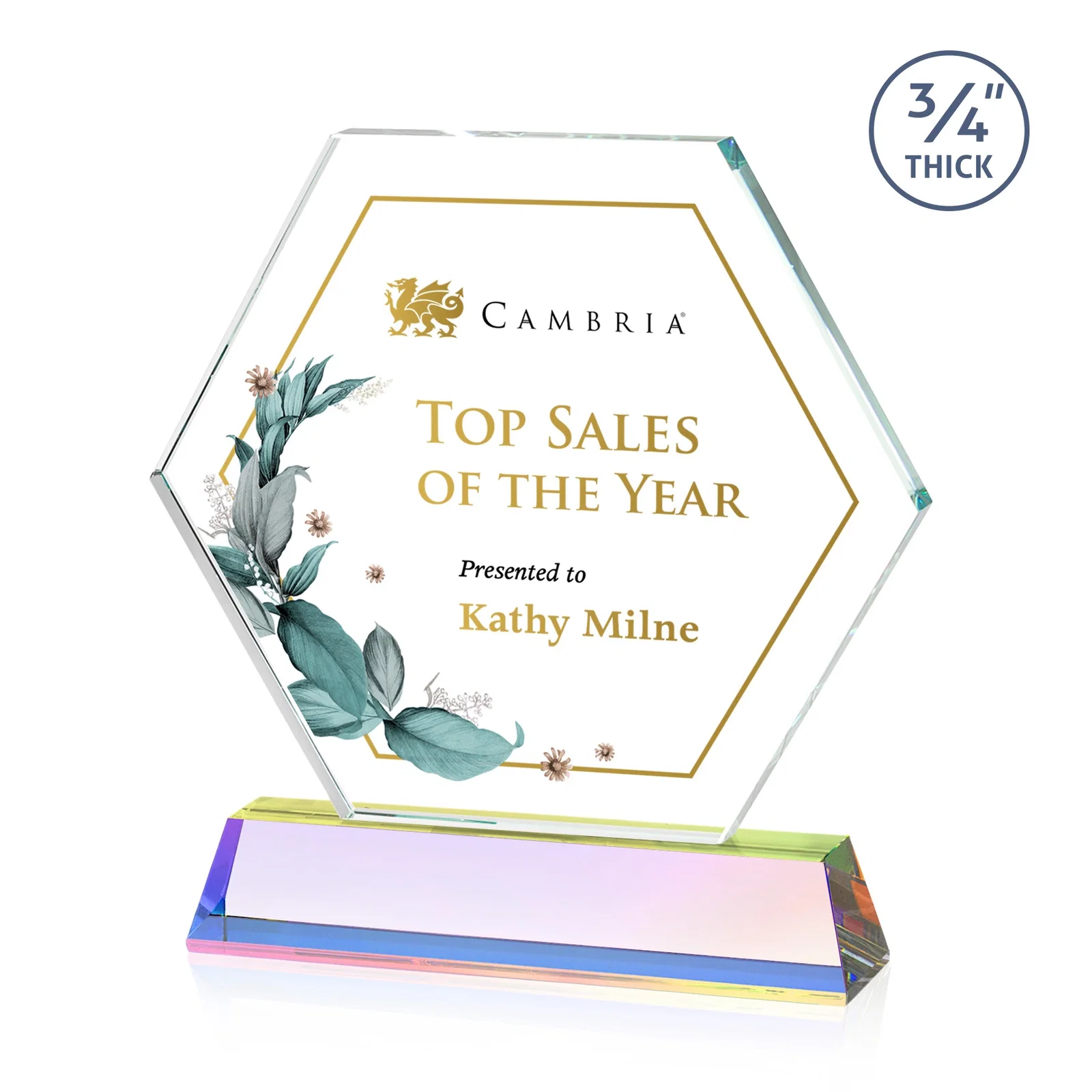 Custom engraved Optical Crystal Hexagon Award on Tall Tapered Base, awards for employee recognition