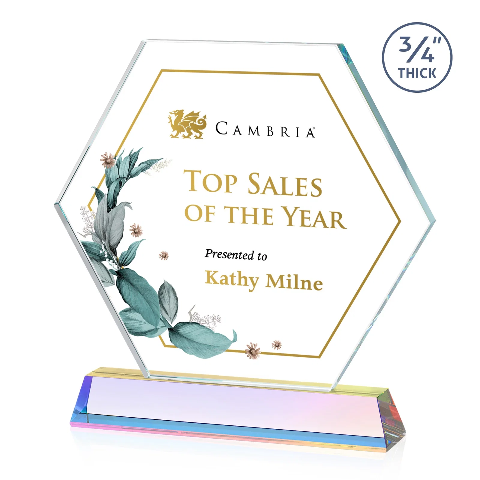Custom engraved Optical Crystal Hexagon Award on Tall Tapered Base, awards for corporate award ceremonies