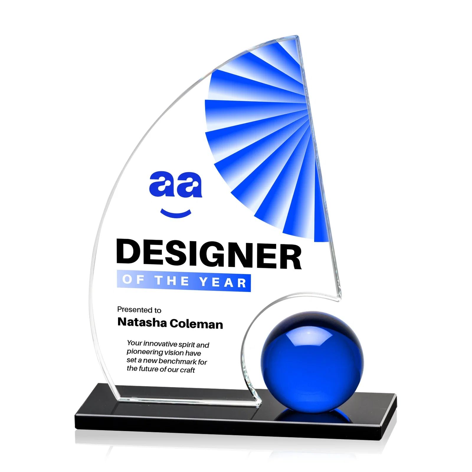 Custom Crystal Orb Sail Award Surrounded by Solid Starfire Crystal for volunteer appreciation