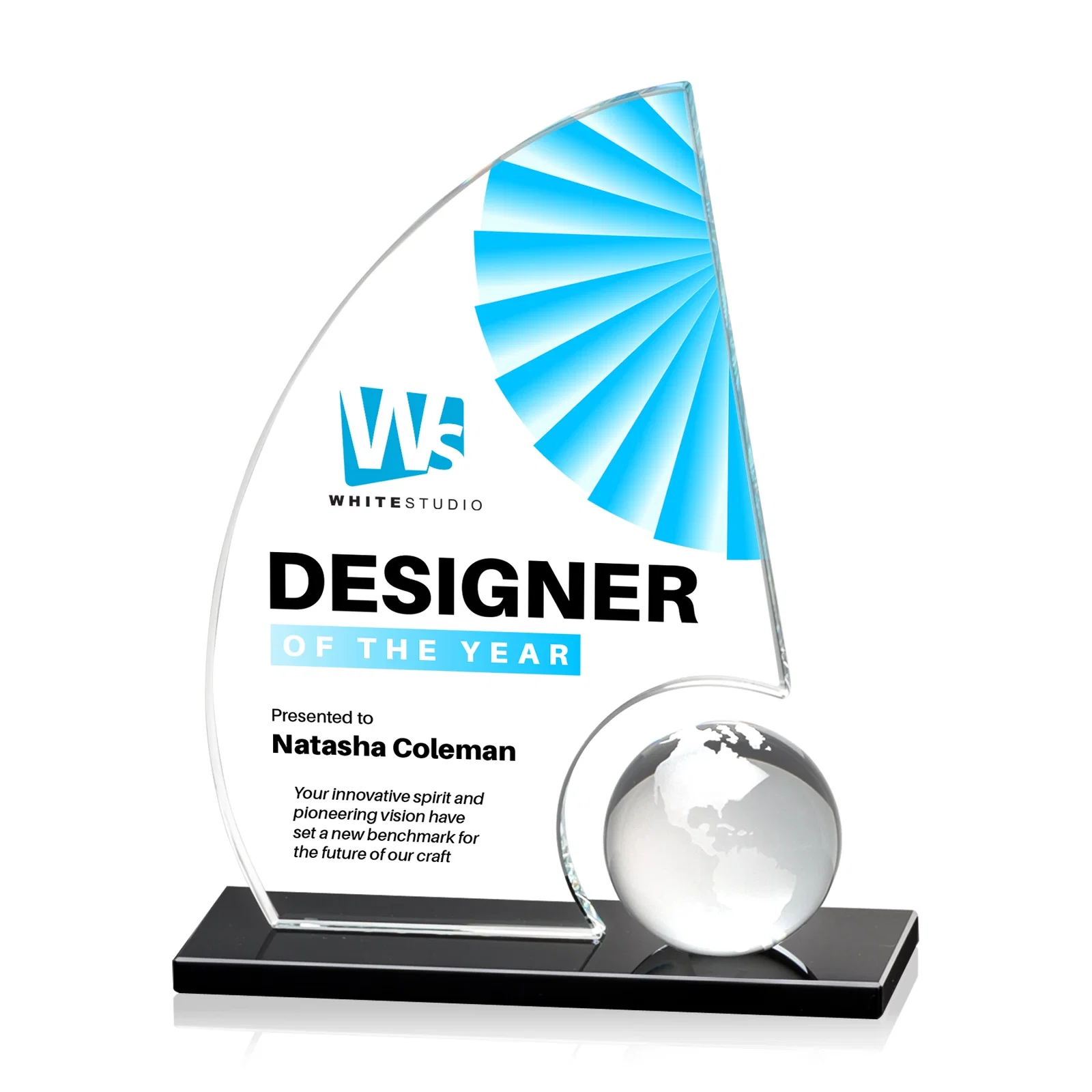Custom Crystal Orb Sail Award Surrounded by Solid Starfire Crystal for dealer and partner awards