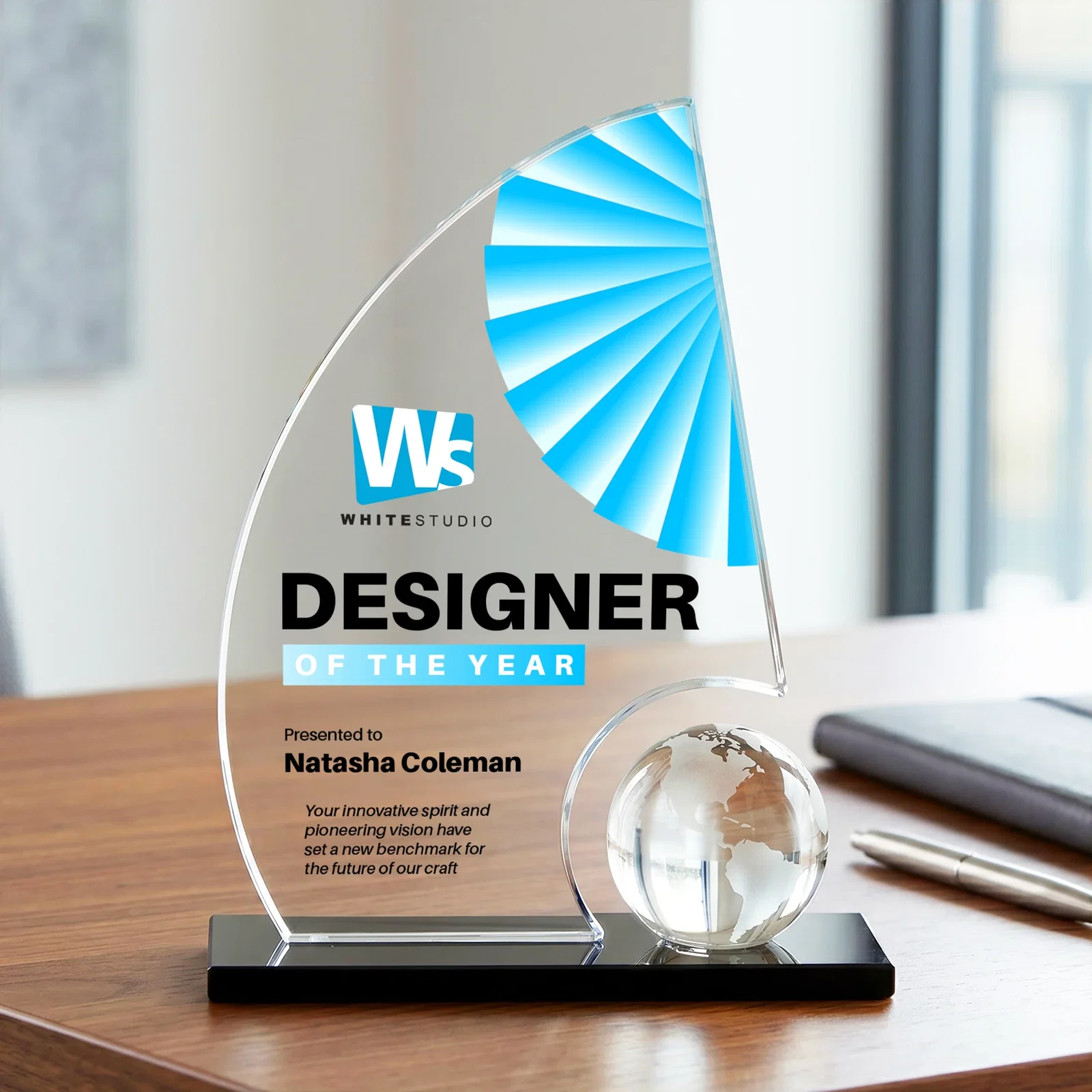 Personalized Crystal Orb Sail Award Surrounded by Solid Starfire Crystal for corporate award ceremonies