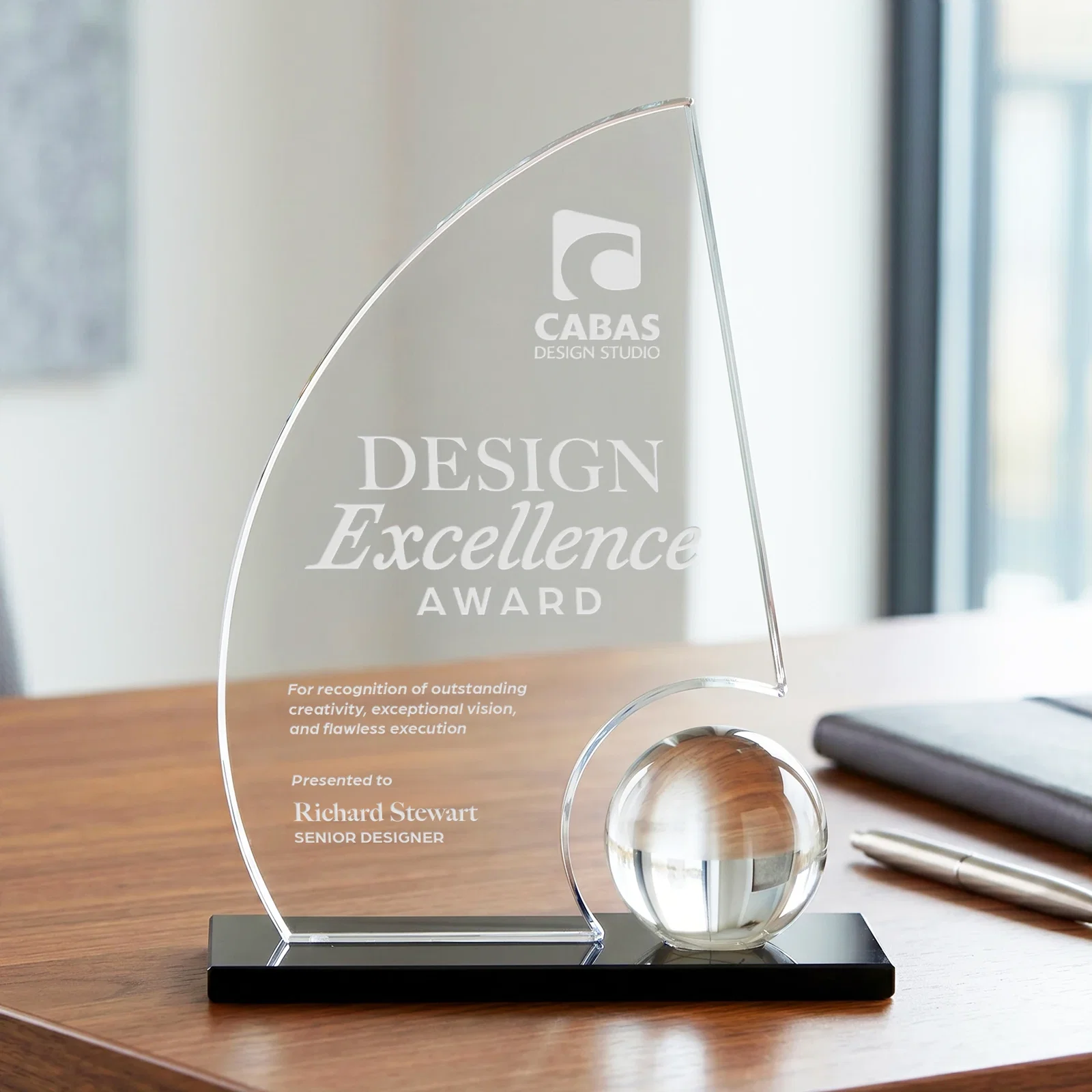 Custom Crystal Orb Sail Award Surrounded by Solid Starfire Crystal for donor appreciation