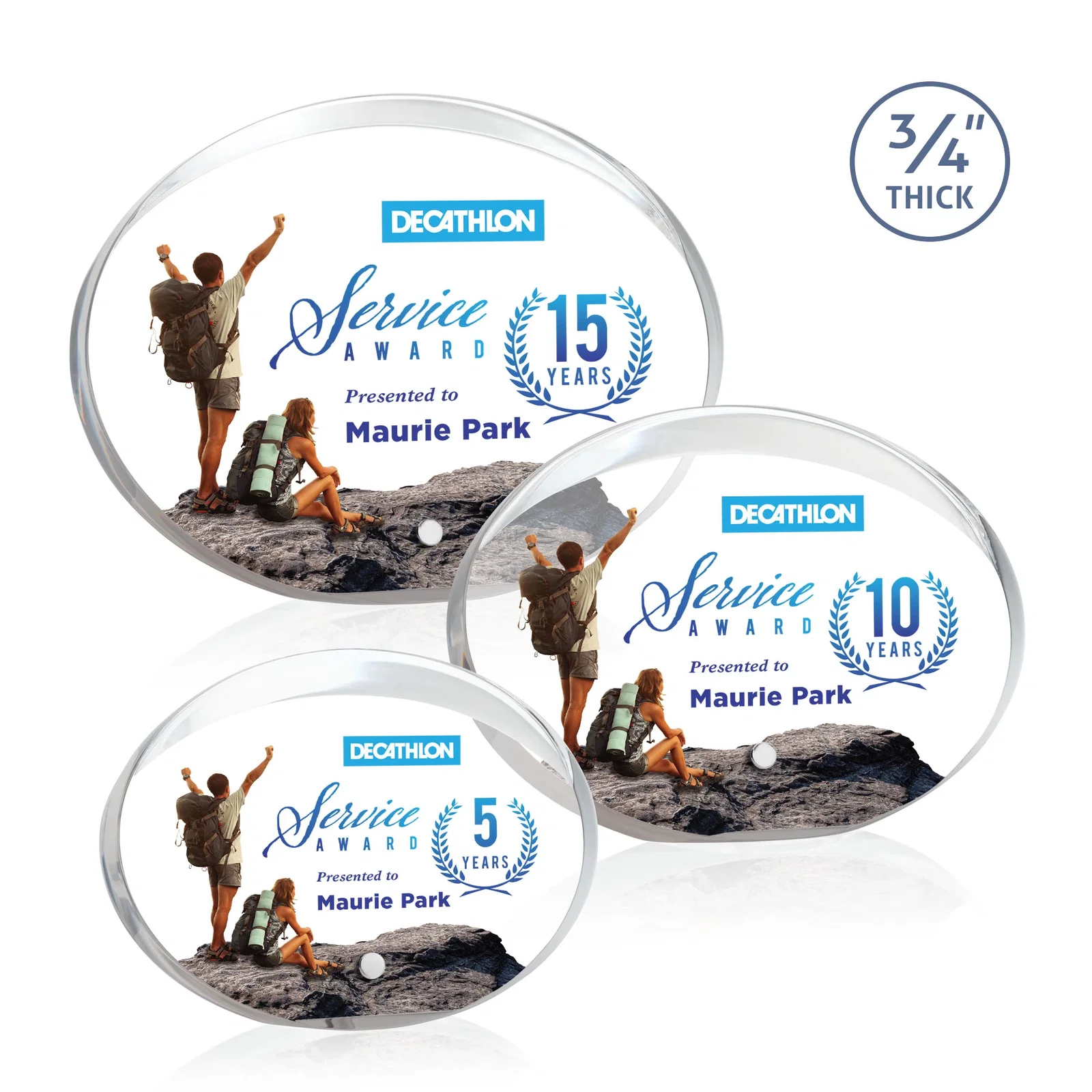 Personalized Oval Acrylic Award with Beveled Top Half and Easel Pin for employee recognition