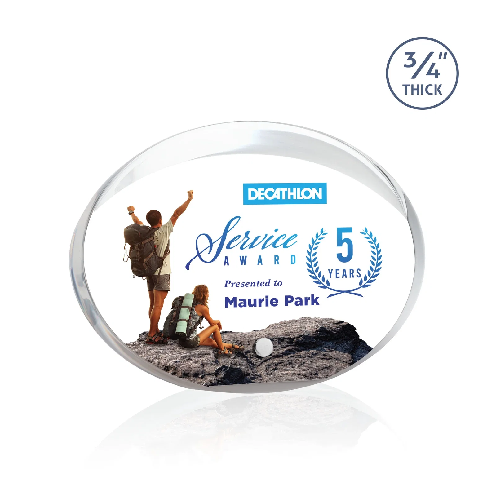 Personalized Oval Acrylic Award with Beveled Top Half and Easel Pin for corporate award ceremonies