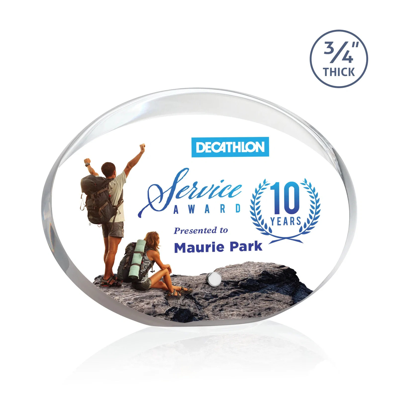 Personalized Oval Acrylic Award with Beveled Top Half and Easel Pin for service anniversary gifts