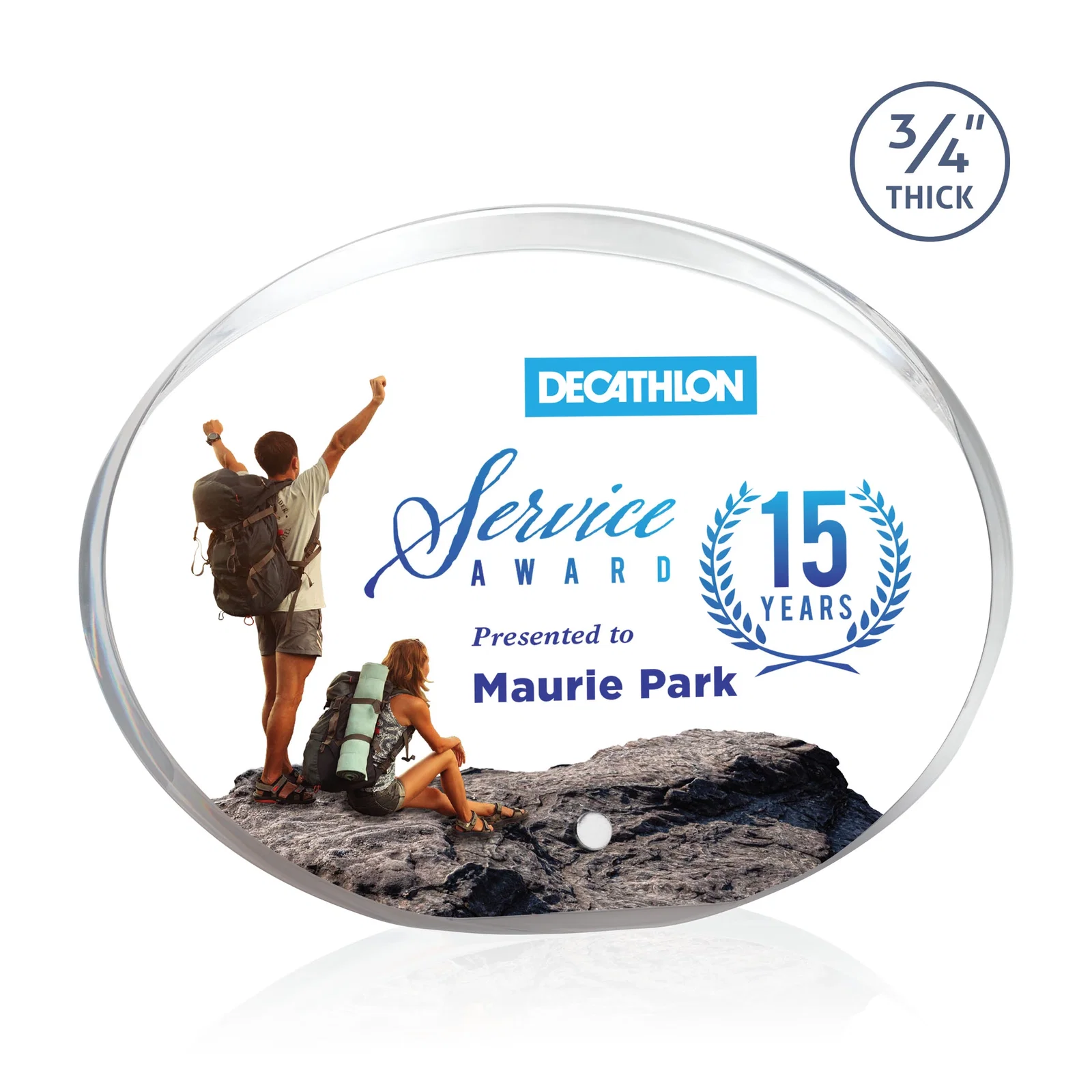 Personalized Oval Acrylic Award with Beveled Top Half and Easel Pin for sales achievement awards
