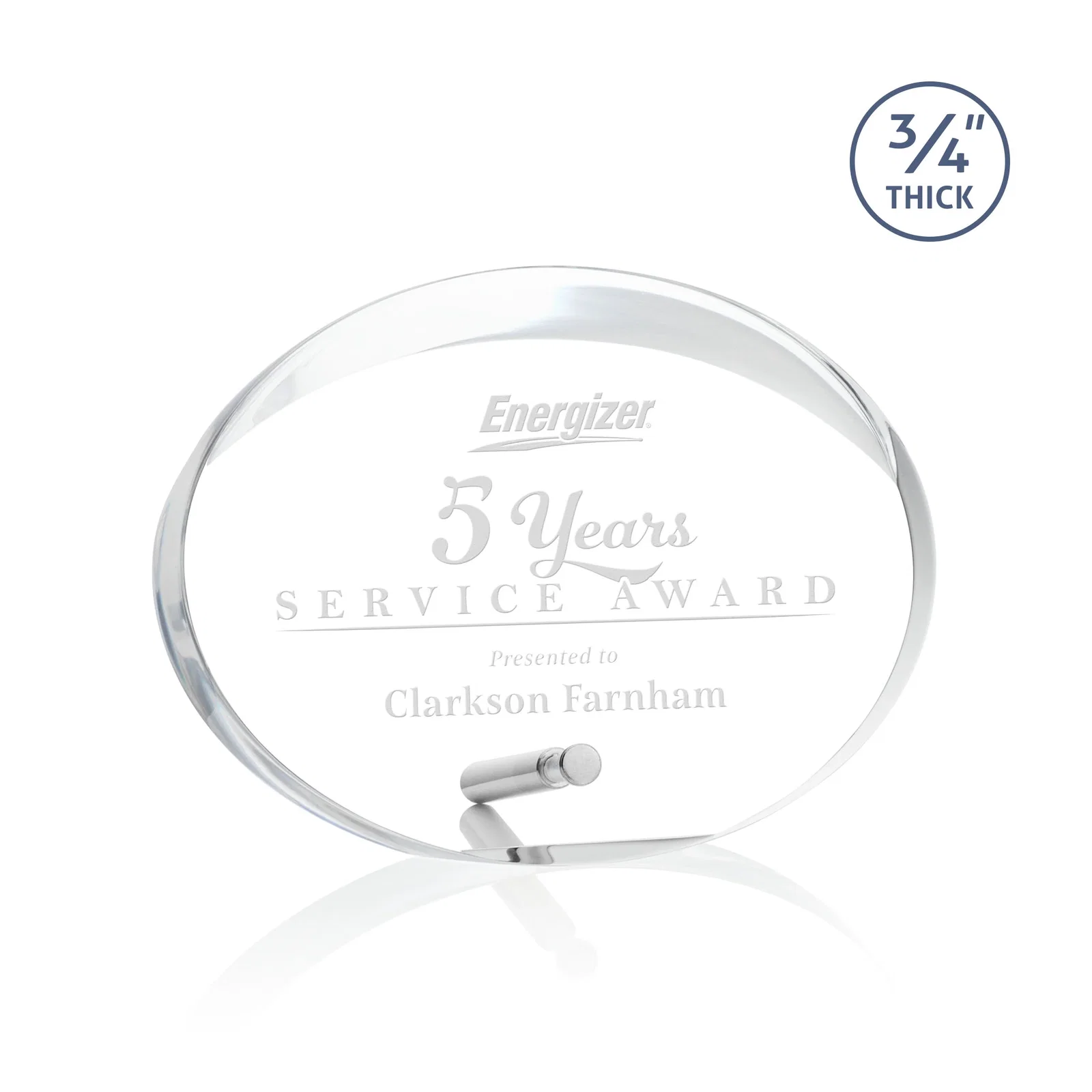 Custom Oval Acrylic Award with Beveled Top Half and Easel Pin for corporate award ceremonies