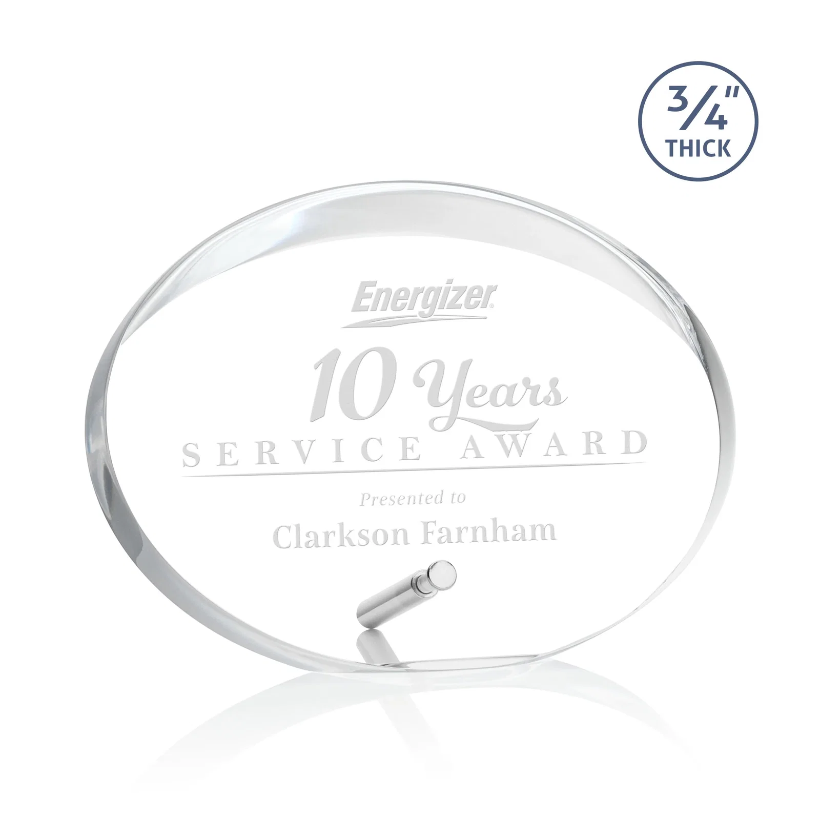 Custom Oval Acrylic Award with Beveled Top Half and Easel Pin for service anniversary gifts