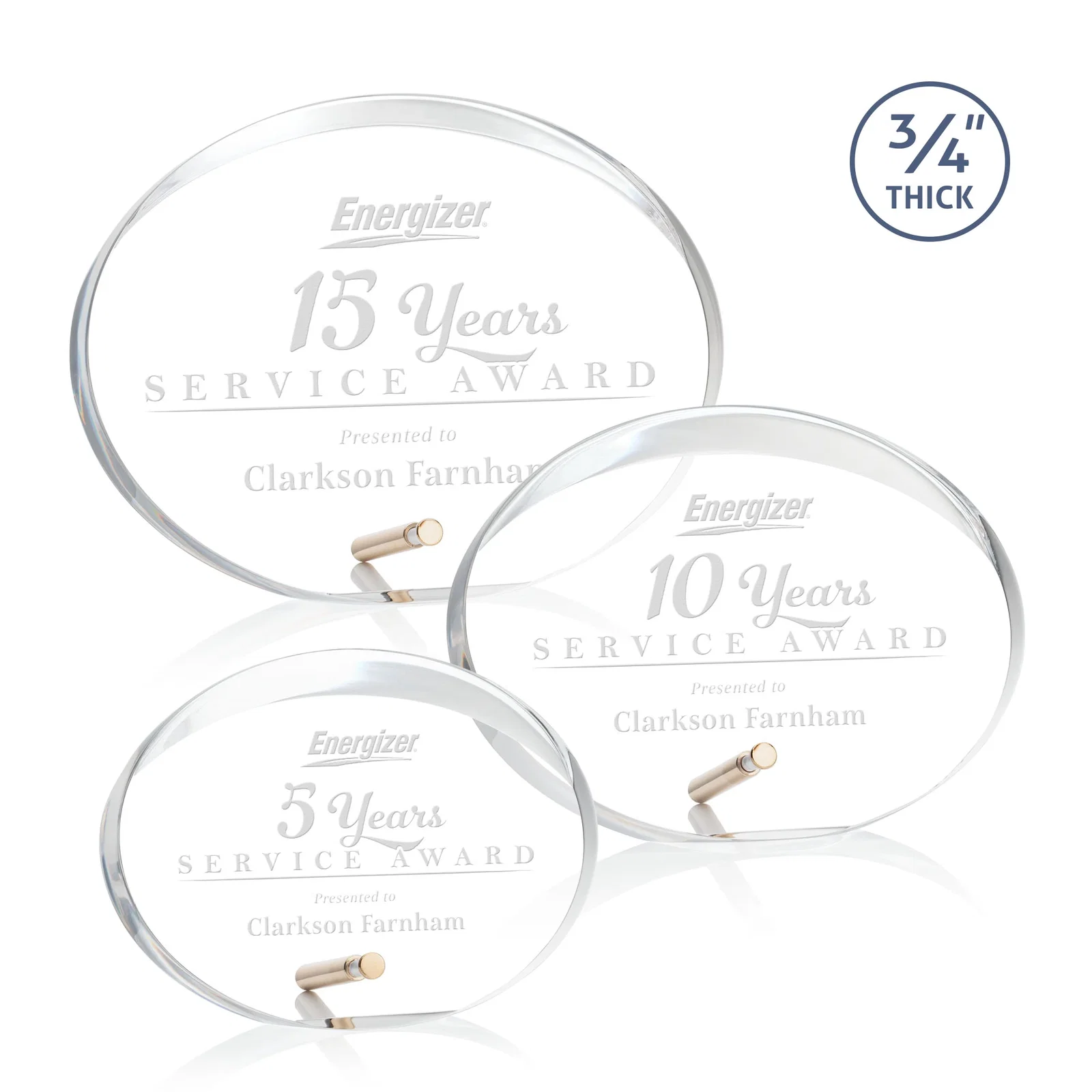 Custom Oval Acrylic Award with Beveled Top Half and Easel Pin for retirement presentations
