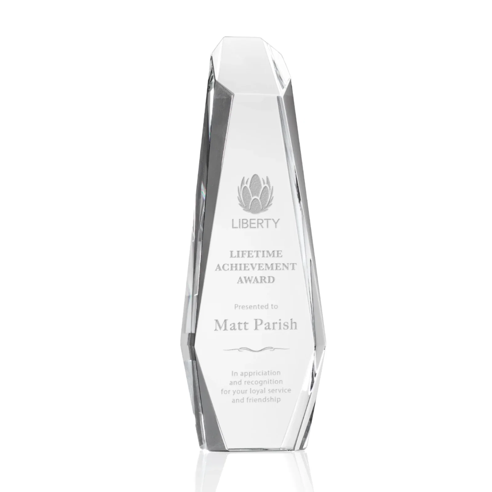 Custom Freestanding Angular-Bevel Optical Crystal Monolith Award, awards for service anniversary gifts