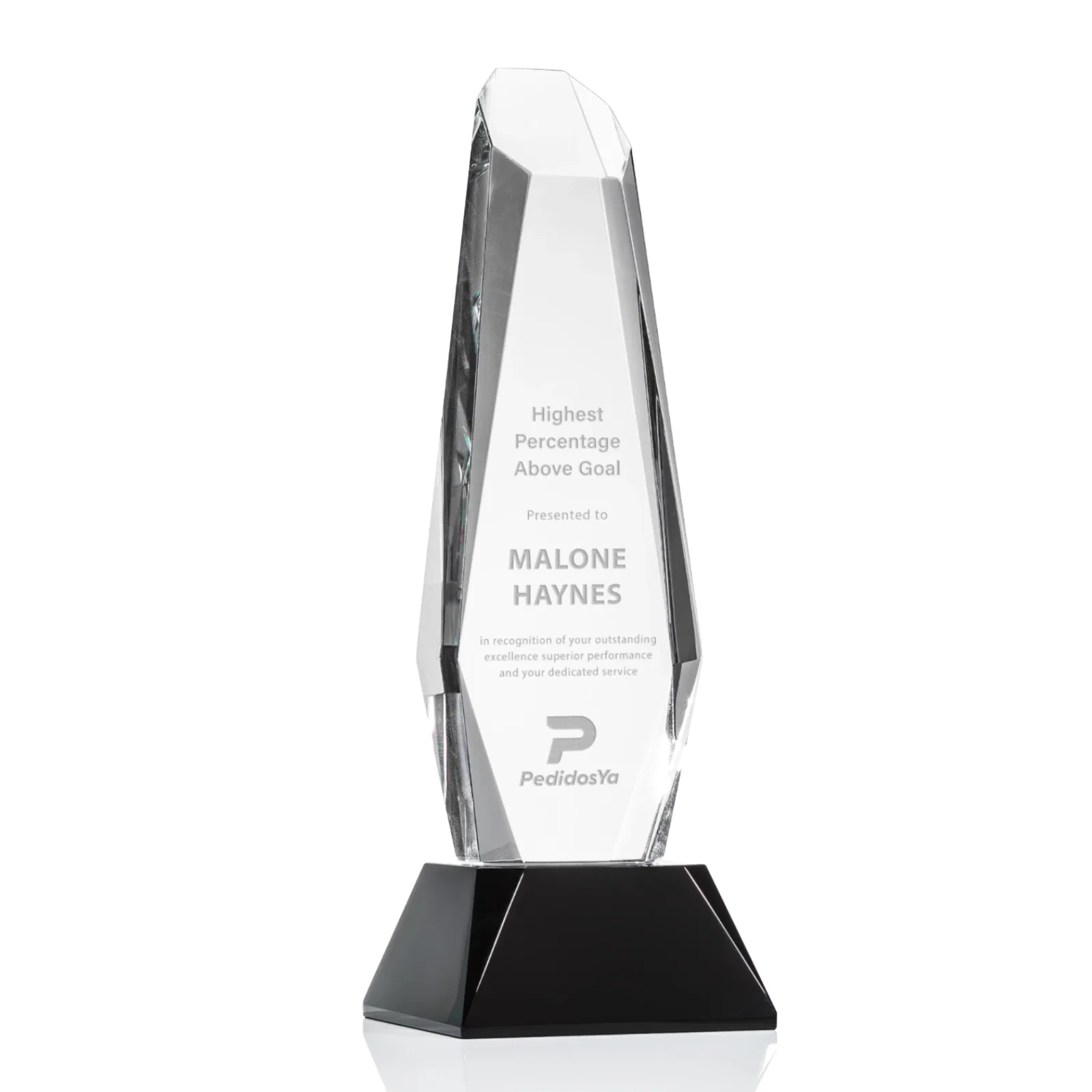 Custom Optical Crystal Monolith Award with Faceted Angular Bevels, awards for dealer and partner awards