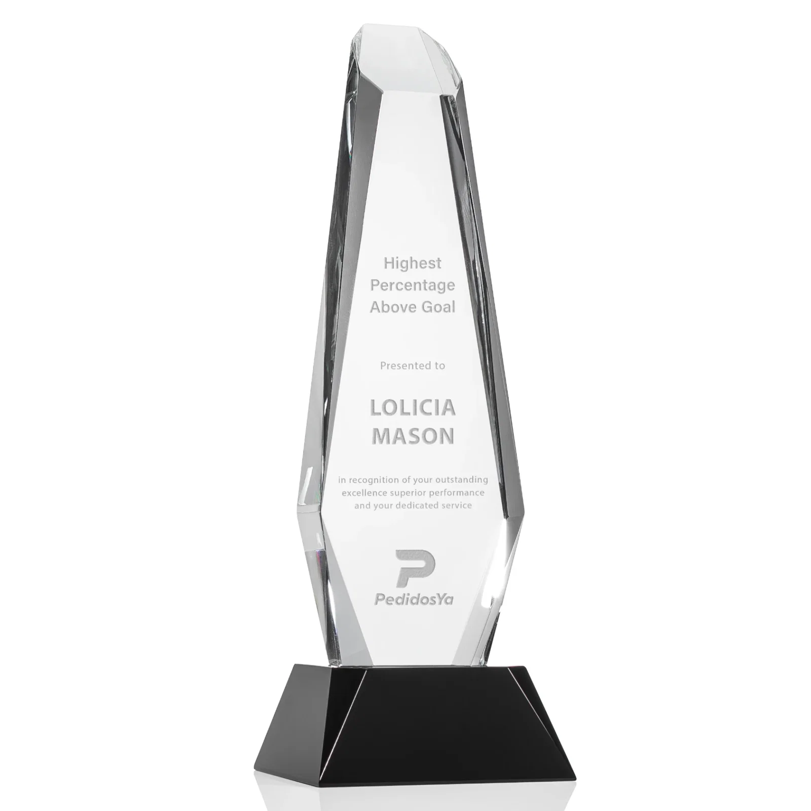 Custom Optical Crystal Monolith Award with Faceted Angular Bevels, awards for company anniversary events