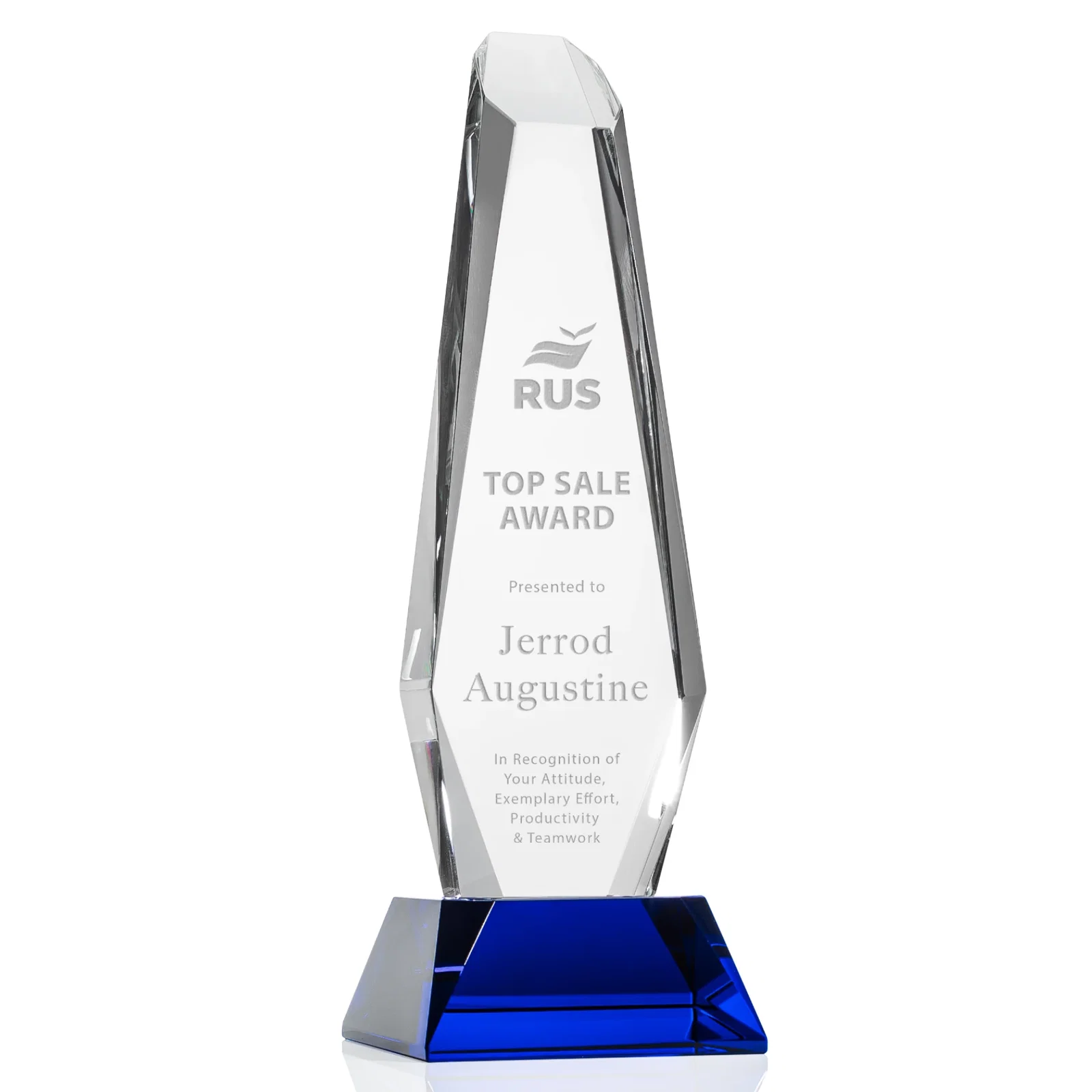 Personalized Optical Crystal Monolith Award with Faceted Angular Bevels, awards for sales achievement awards