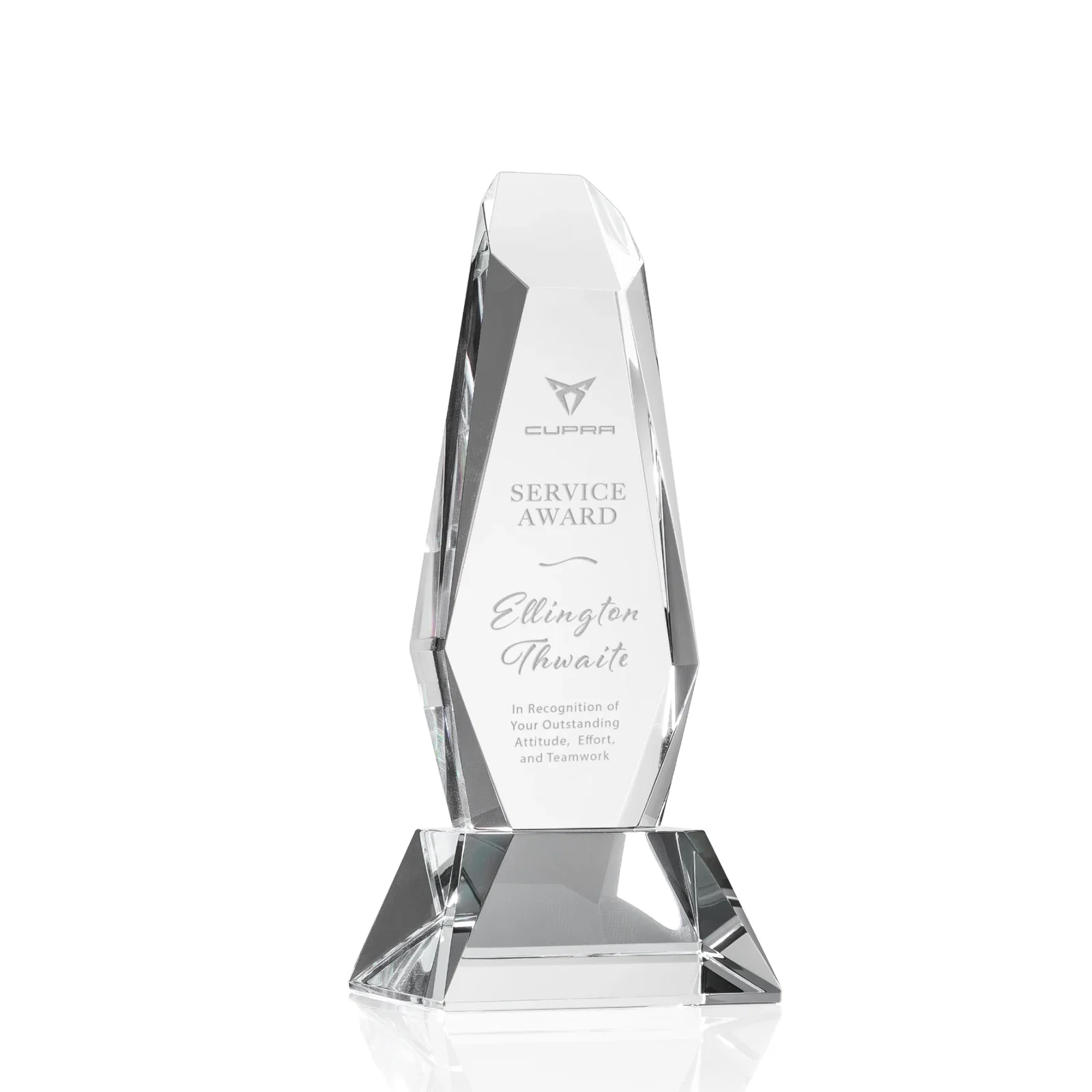 Custom Optical Crystal Monolith Award with Faceted Angular Bevels, awards for corporate award ceremonies