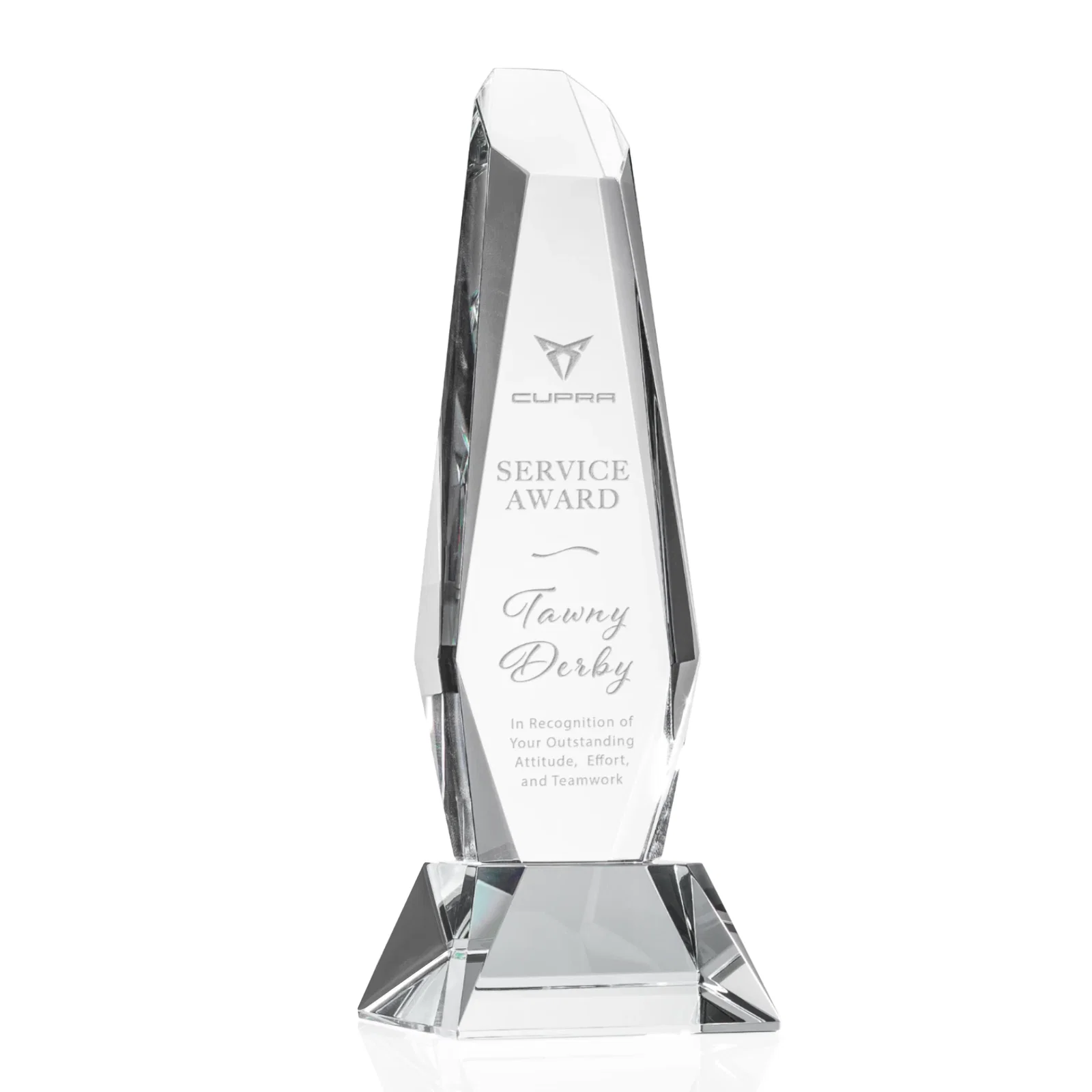 Custom Optical Crystal Monolith Award with Faceted Angular Bevels, awards for service anniversary gifts