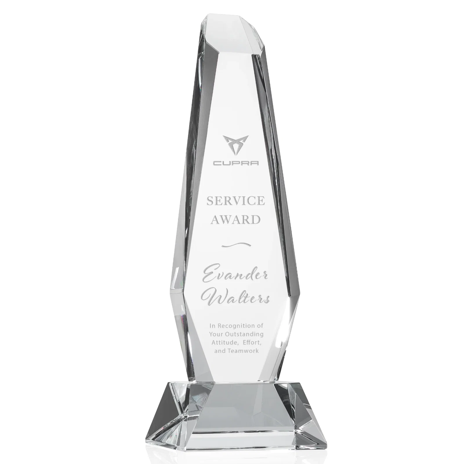 Custom Optical Crystal Monolith Award with Faceted Angular Bevels, awards for sales achievement awards