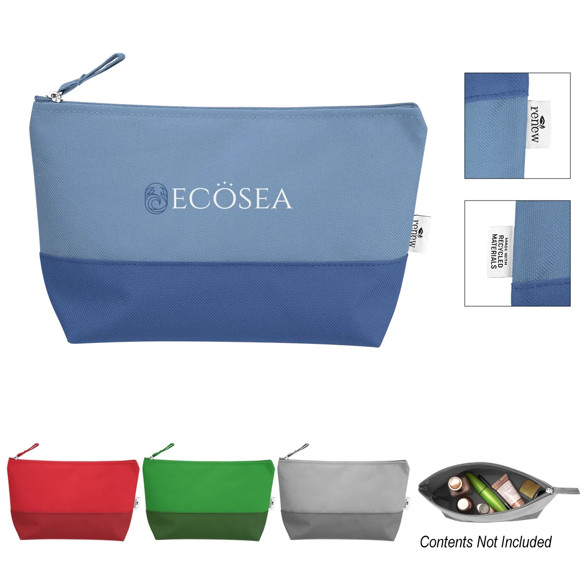 Recycled rPET zippered pouch standing upright with the main compartment closed