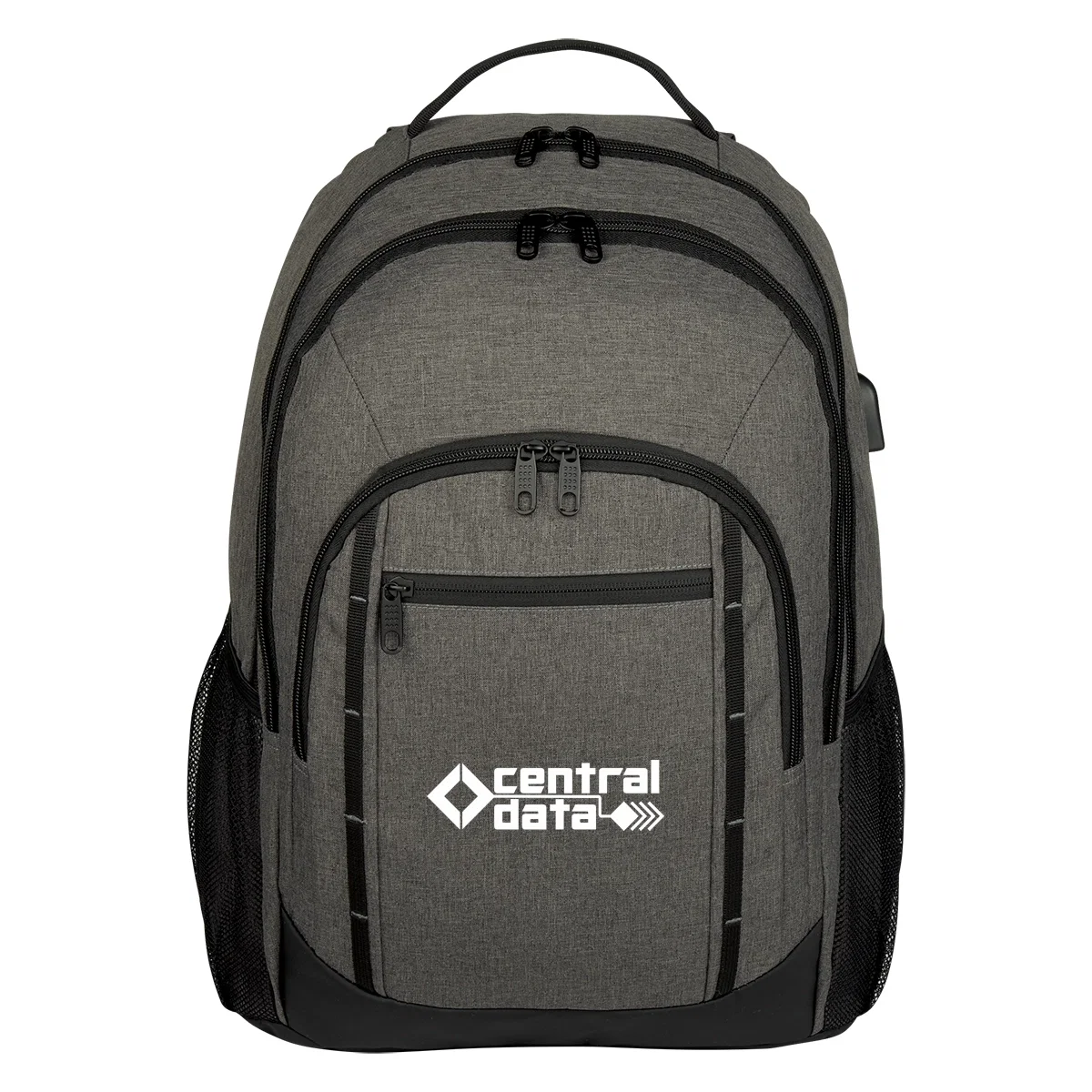 Heathered gray backpack shown upright from the front