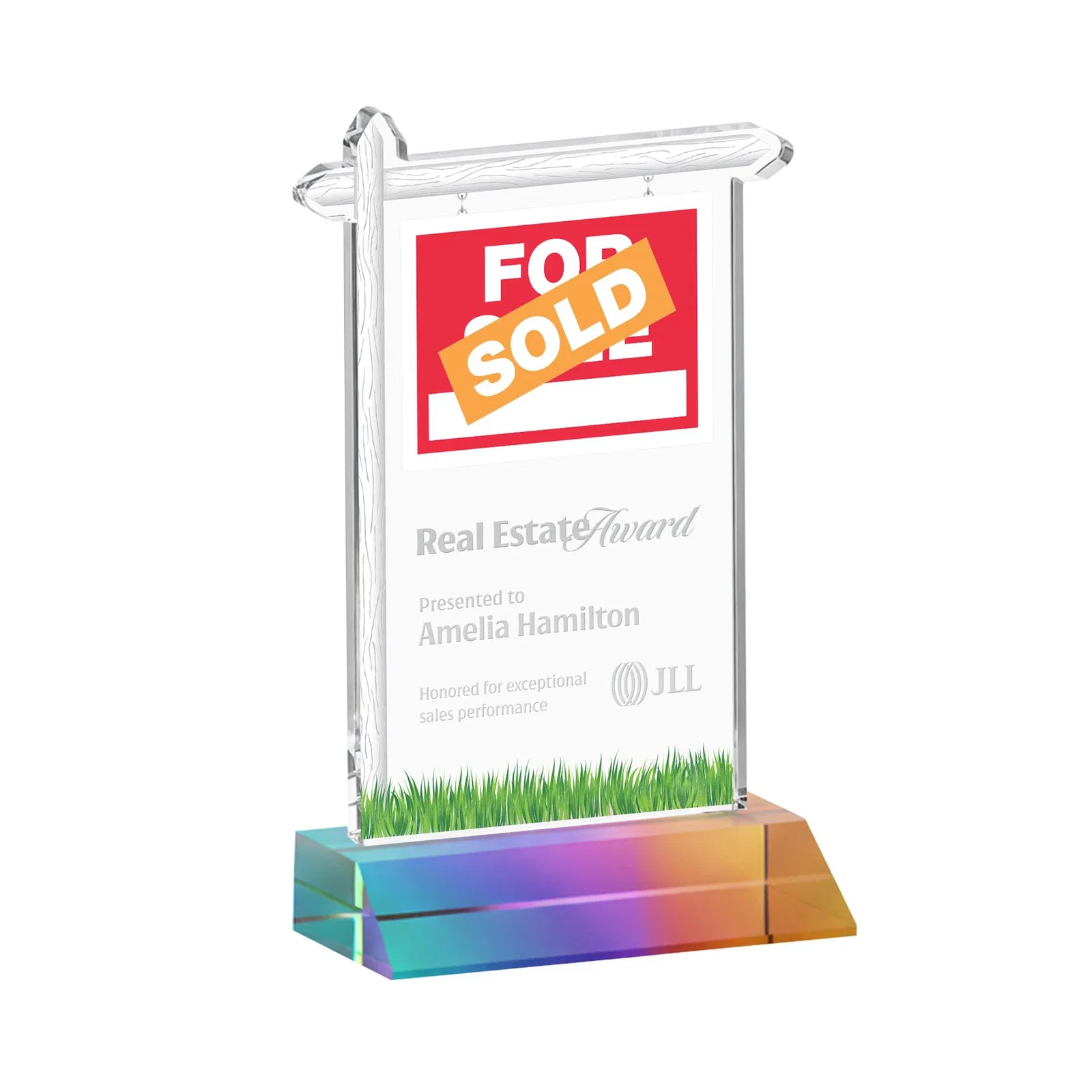 Personalized Starfire Crystal Property Sign Award on Mitered Seam Base for dealer and partner awards