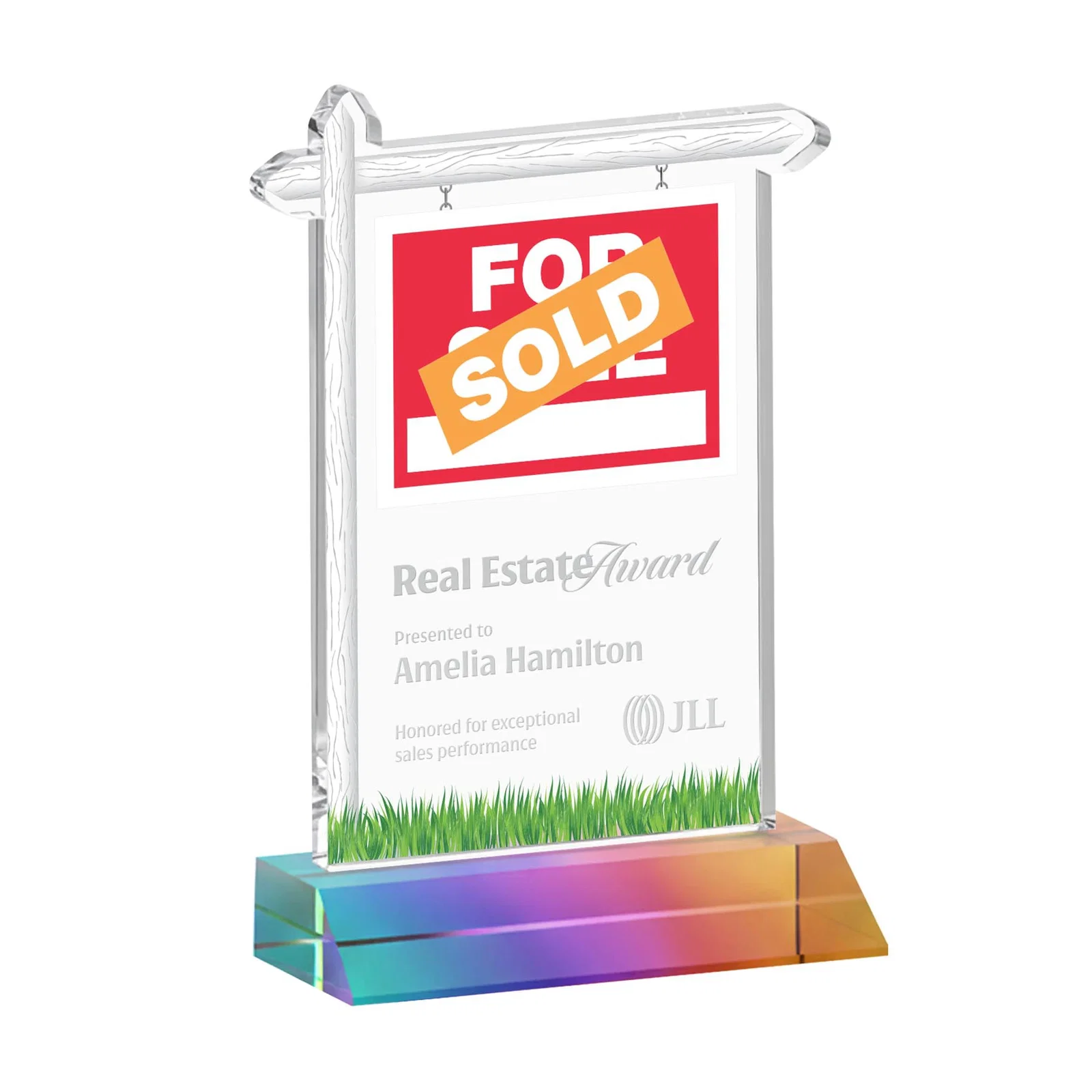 Personalized Starfire Crystal Property Sign Award on Mitered Seam Base for company anniversary events