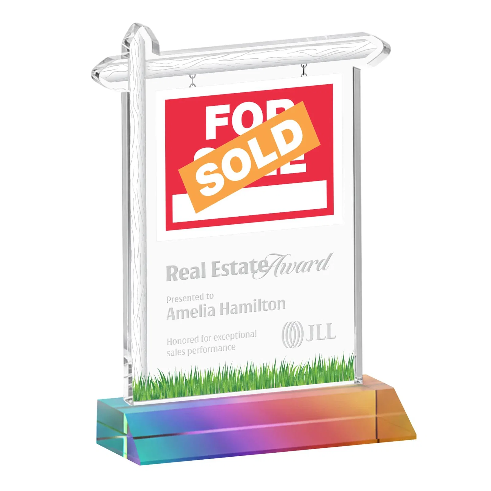 Promotional Starfire Crystal Property Sign Award on Mitered Seam Base for employee recognition