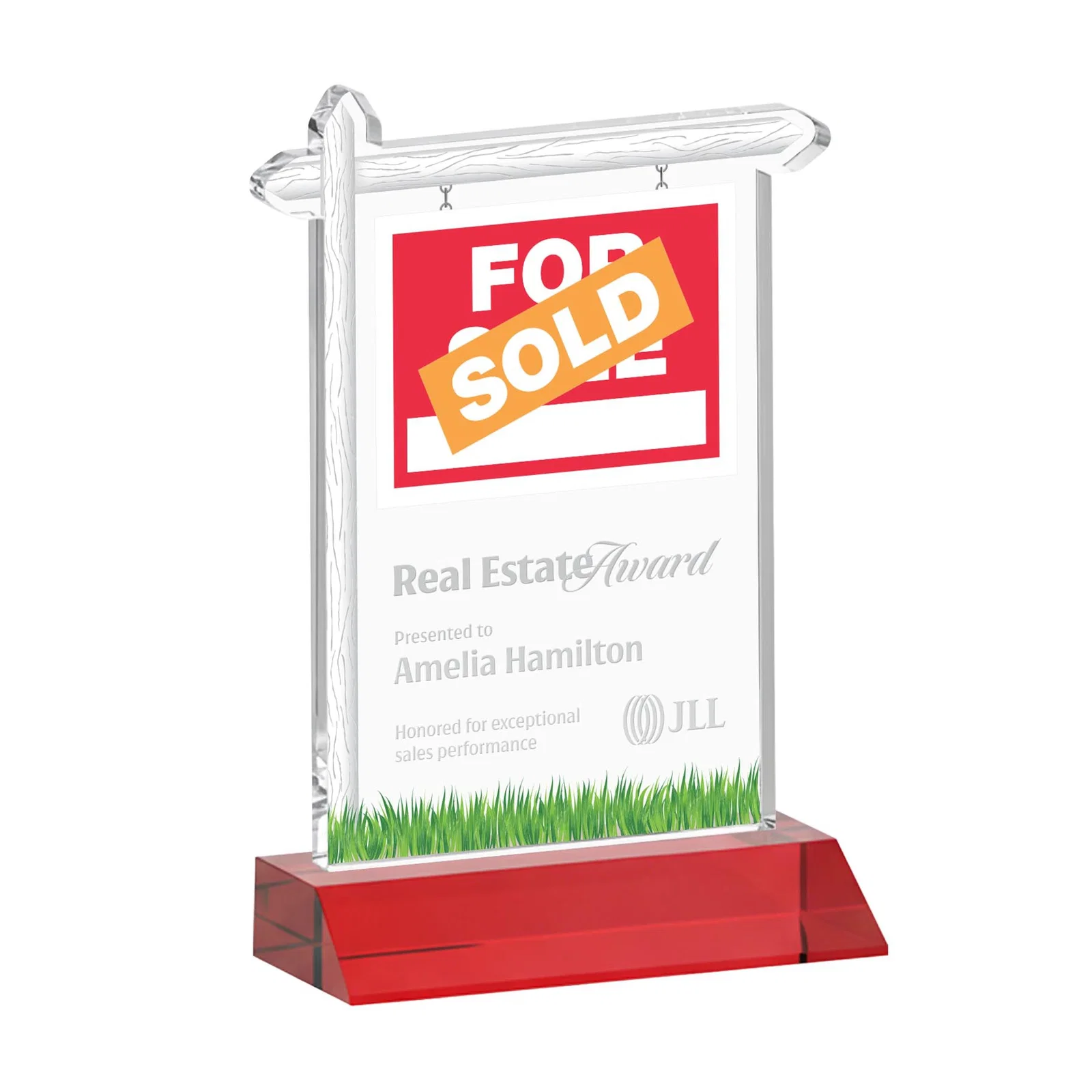 Promotional Starfire Crystal Property Sign Award on Mitered Seam Base for sales achievement awards