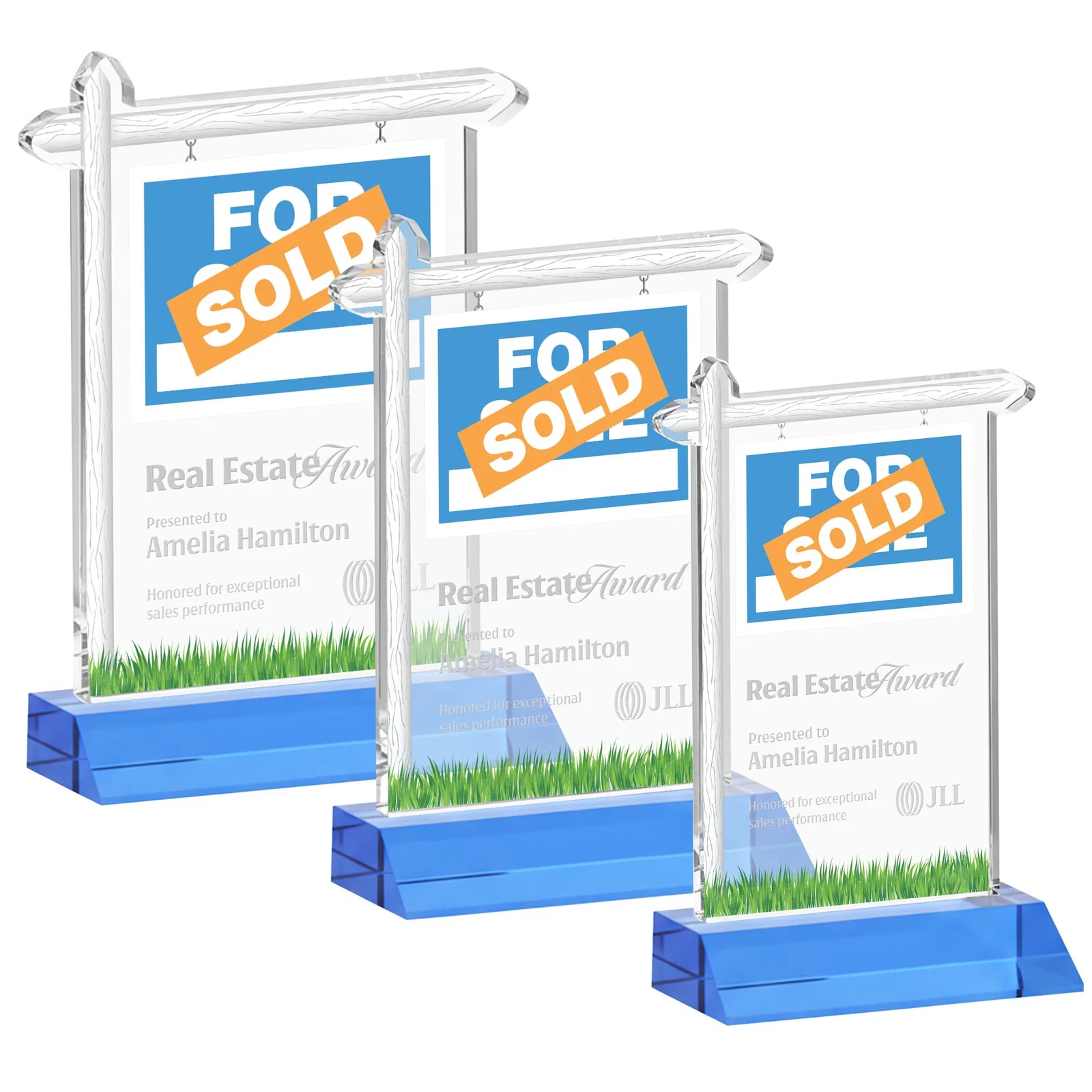 Promotional Starfire Crystal Property Sign Award on Mitered Seam Base for team milestone celebrations