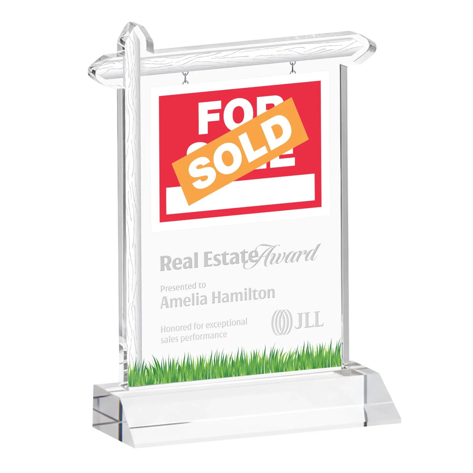 Custom Starfire Crystal Property Sign Award on Mitered Seam Base for sales achievement awards