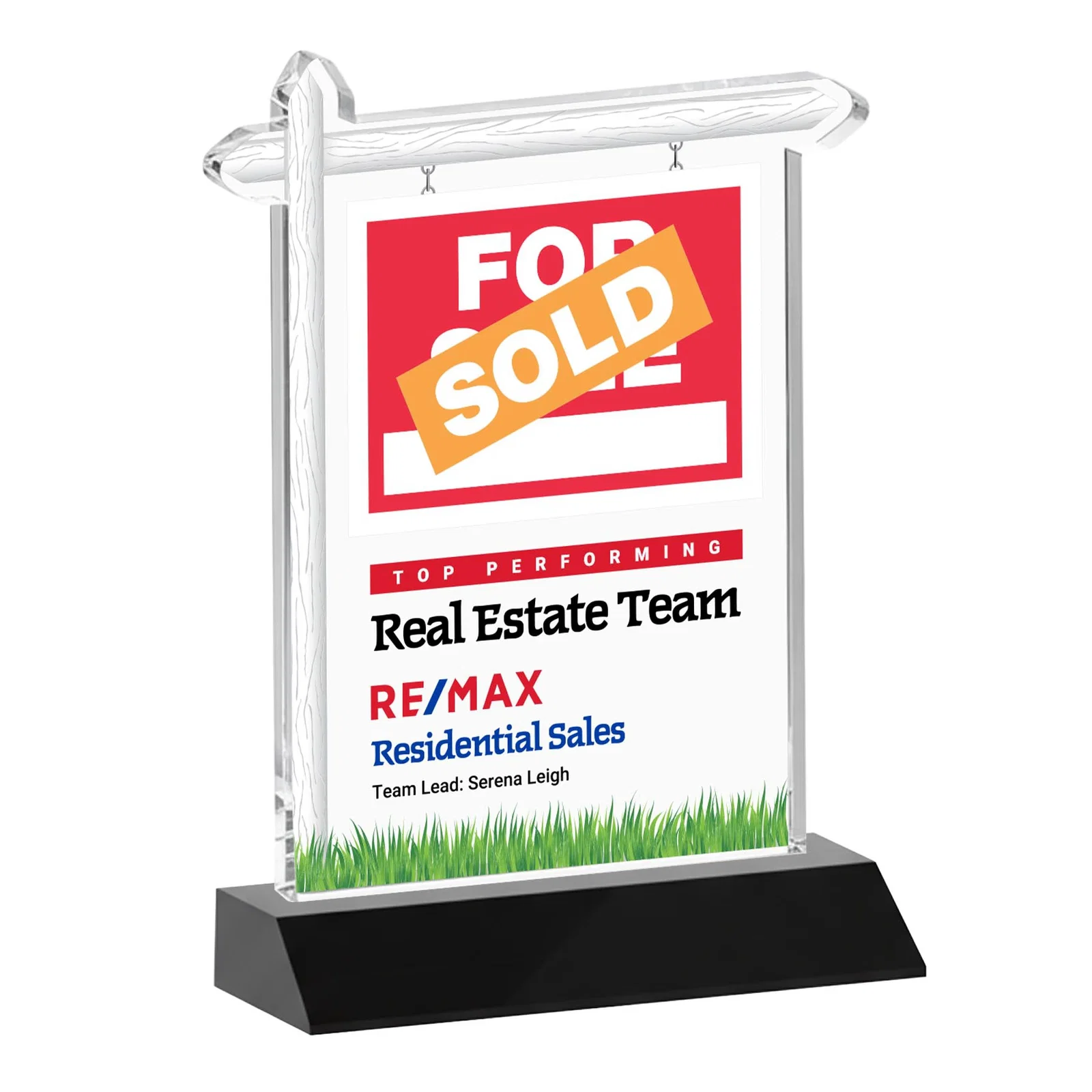 Custom printed Starfire Crystal Property Sign Award on Mitered Seam Base for retirement presentations