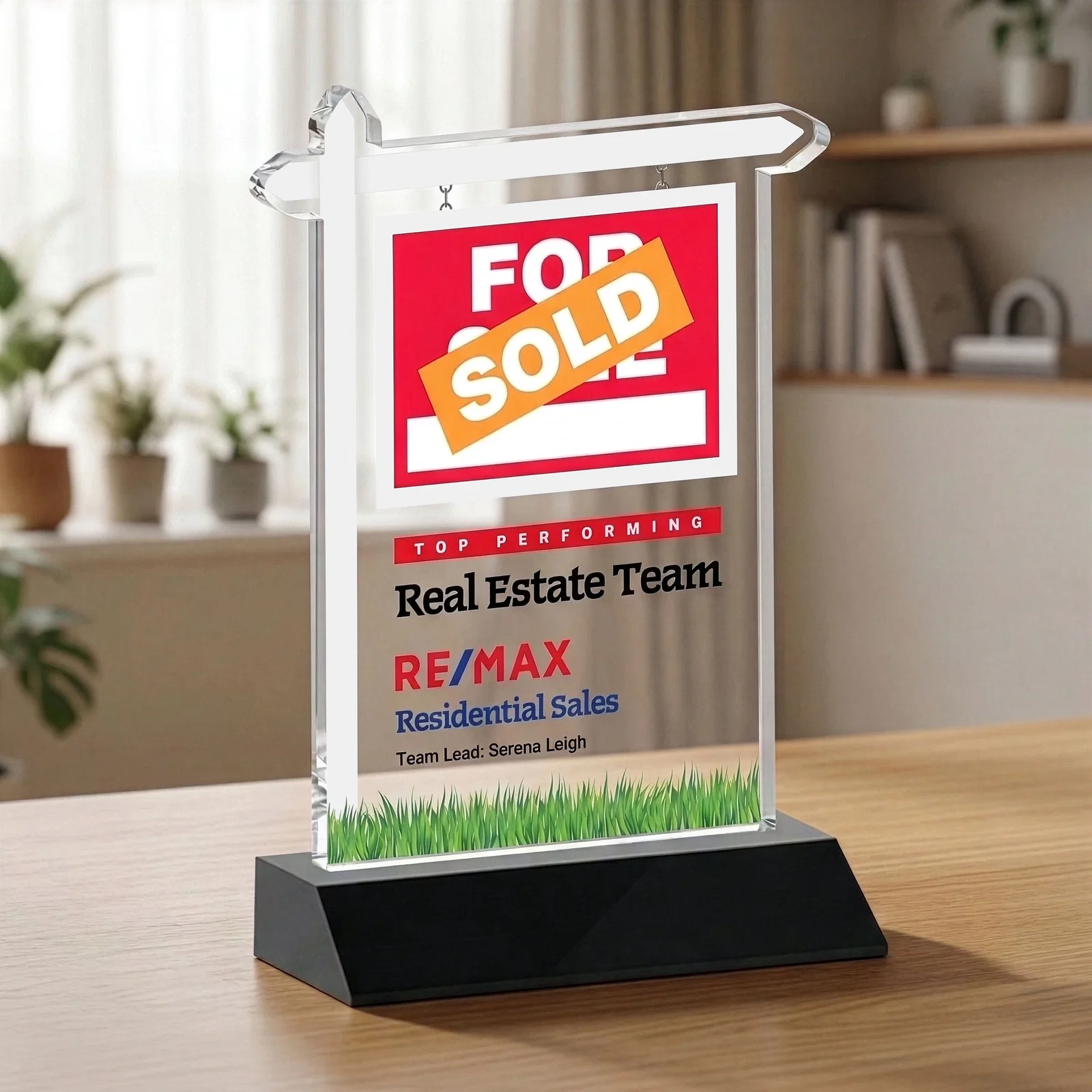 Custom printed Starfire Crystal Property Sign Award on Mitered Seam Base for team milestone celebrations
