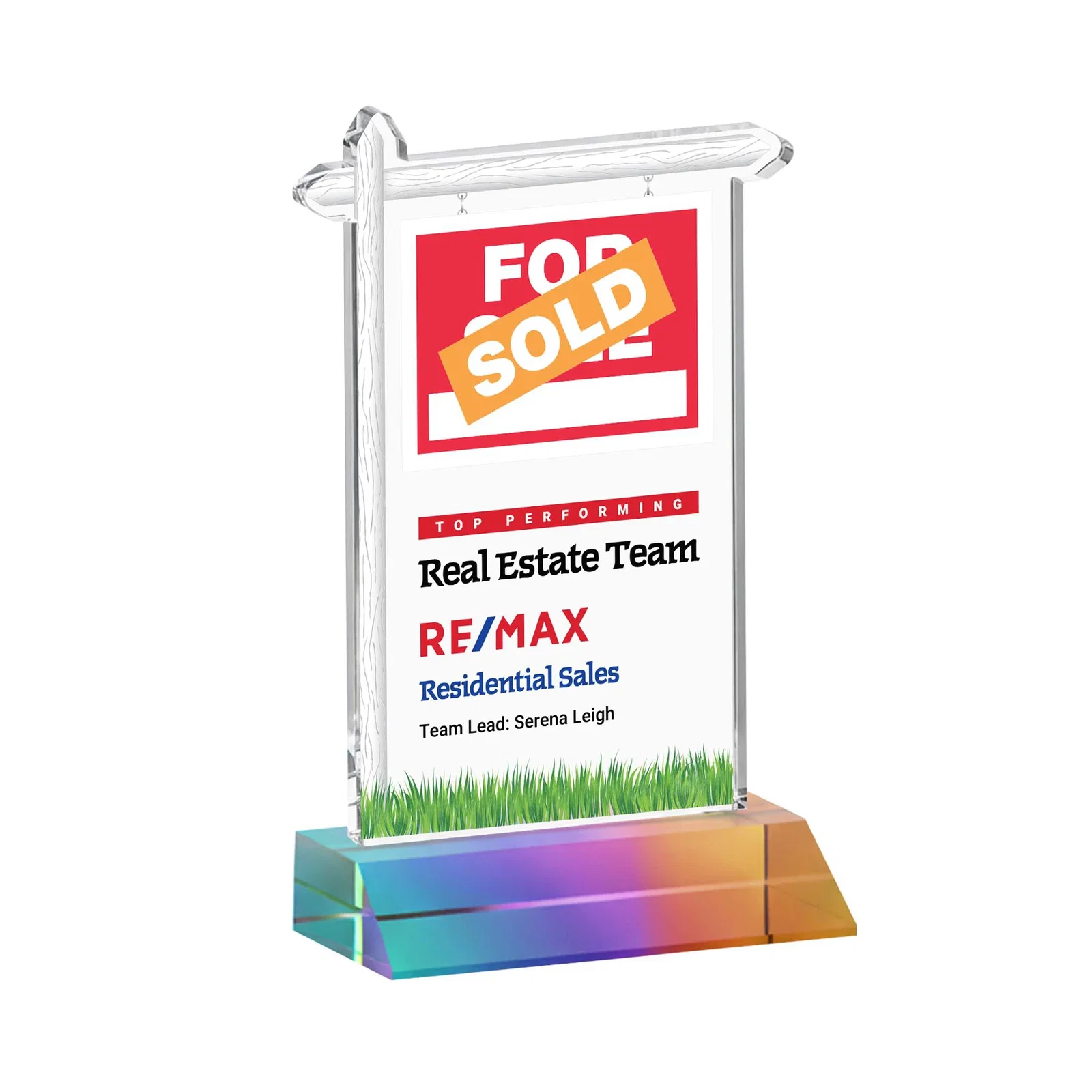 Custom printed Starfire Crystal Property Sign Award on Mitered Seam Base for company anniversary events