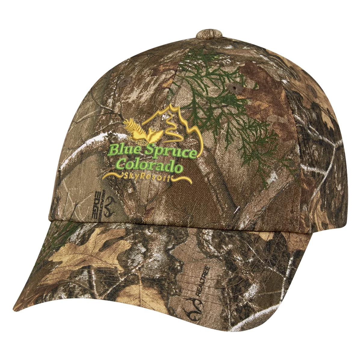 Camouflage cap shown front-on with a curved bill