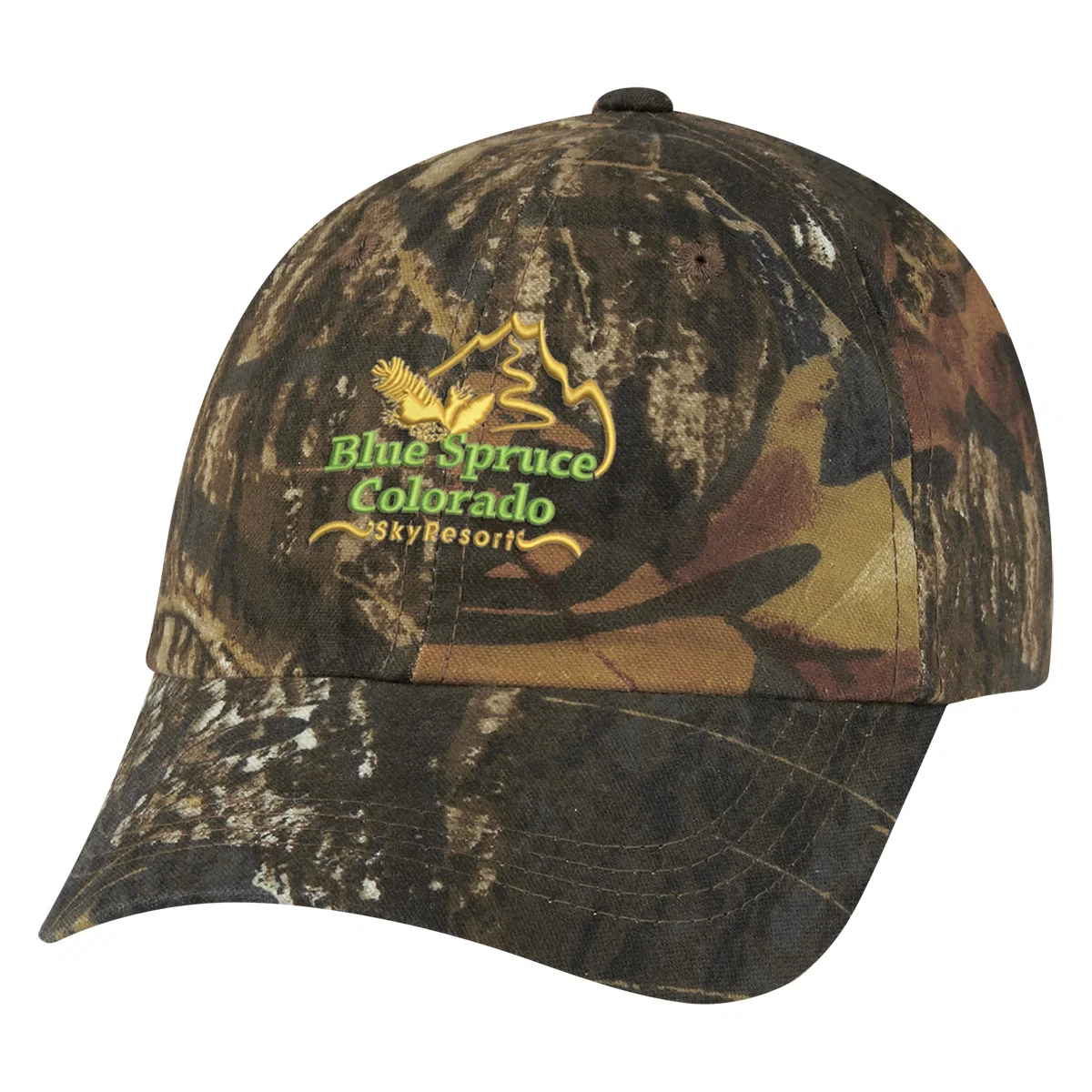 Woodland pattern wraps across the crown panels