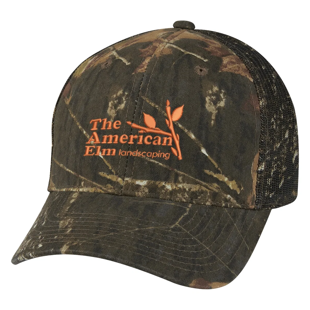 Mossy Oak camouflage cap with a mesh back panel