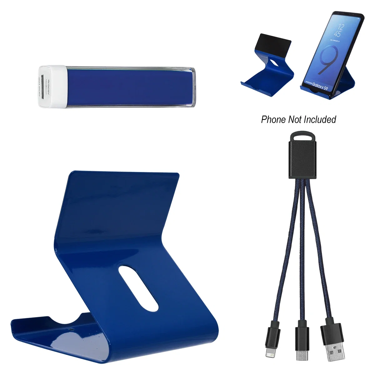 Angled shot of the charging pieces in blue and black
