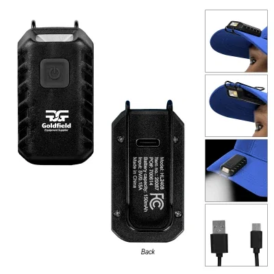Black rechargeable safety light that clips onto a cap brim