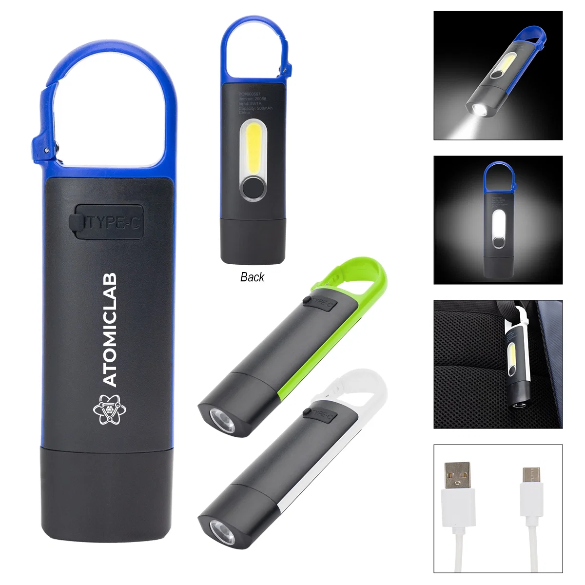 Rechargeable COB flashlight with carabiner clip, about four and a half inches tall
