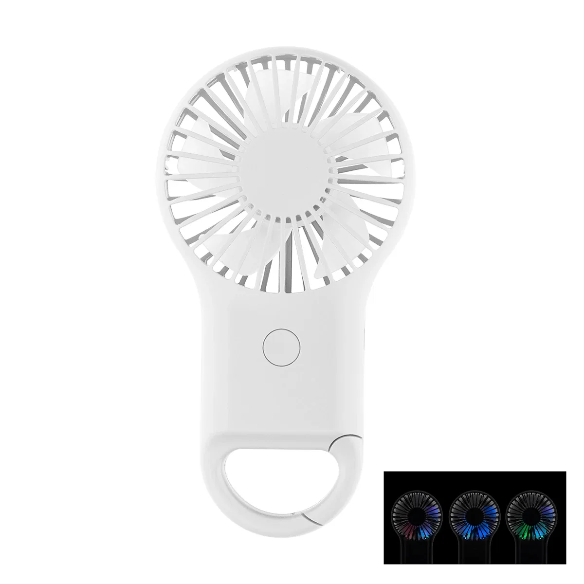 Red fan clipped onto a bag strap