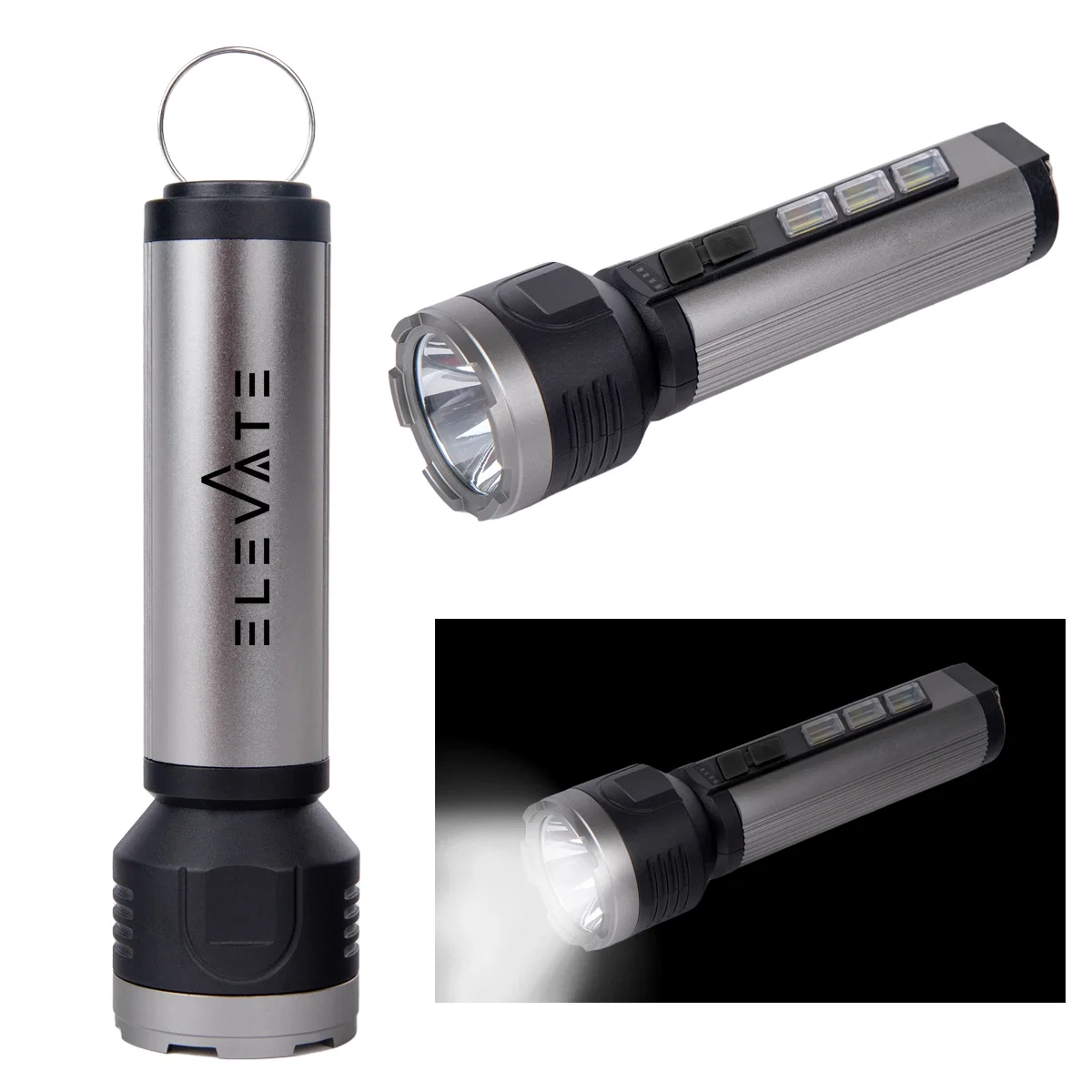 Charcoal rechargeable LED flashlight standing on its base