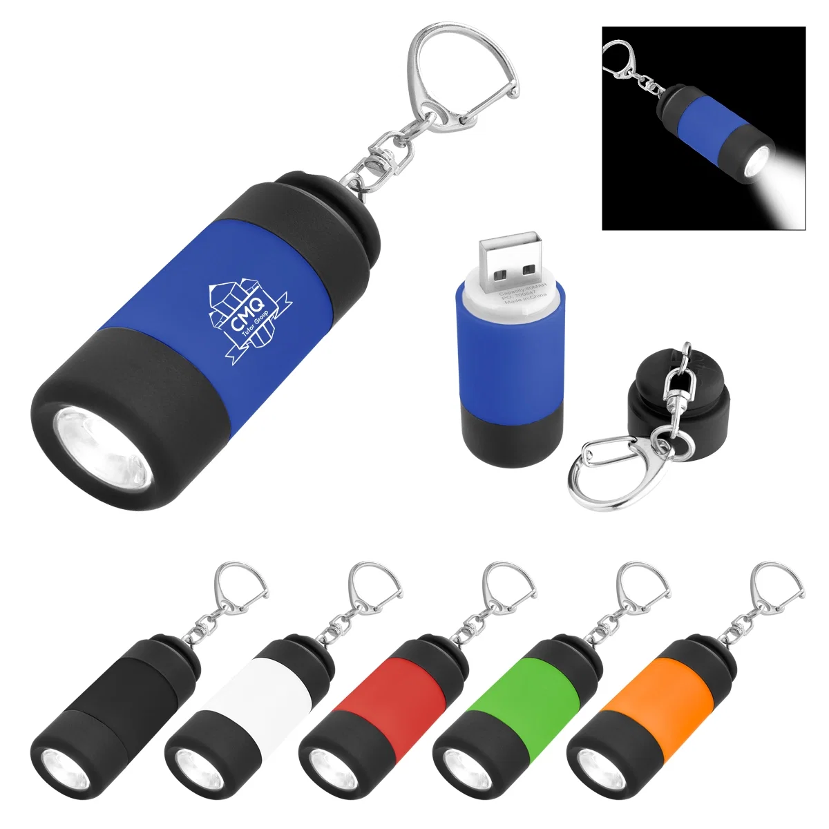 Rechargeable LED key chain light standing two inches tall