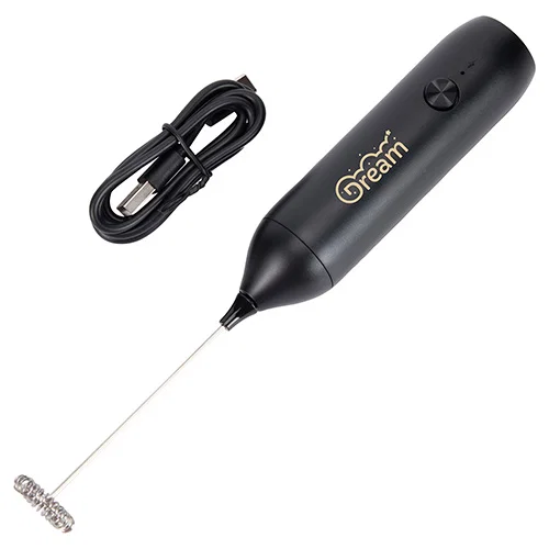 Promotional logo milk frother side view showing the whisk head