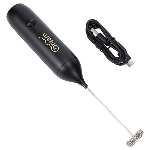 Close-up of the branded milk frother imprint area on the handle