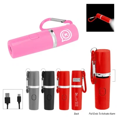 Black personal alarm and flashlight sharing one three inch body