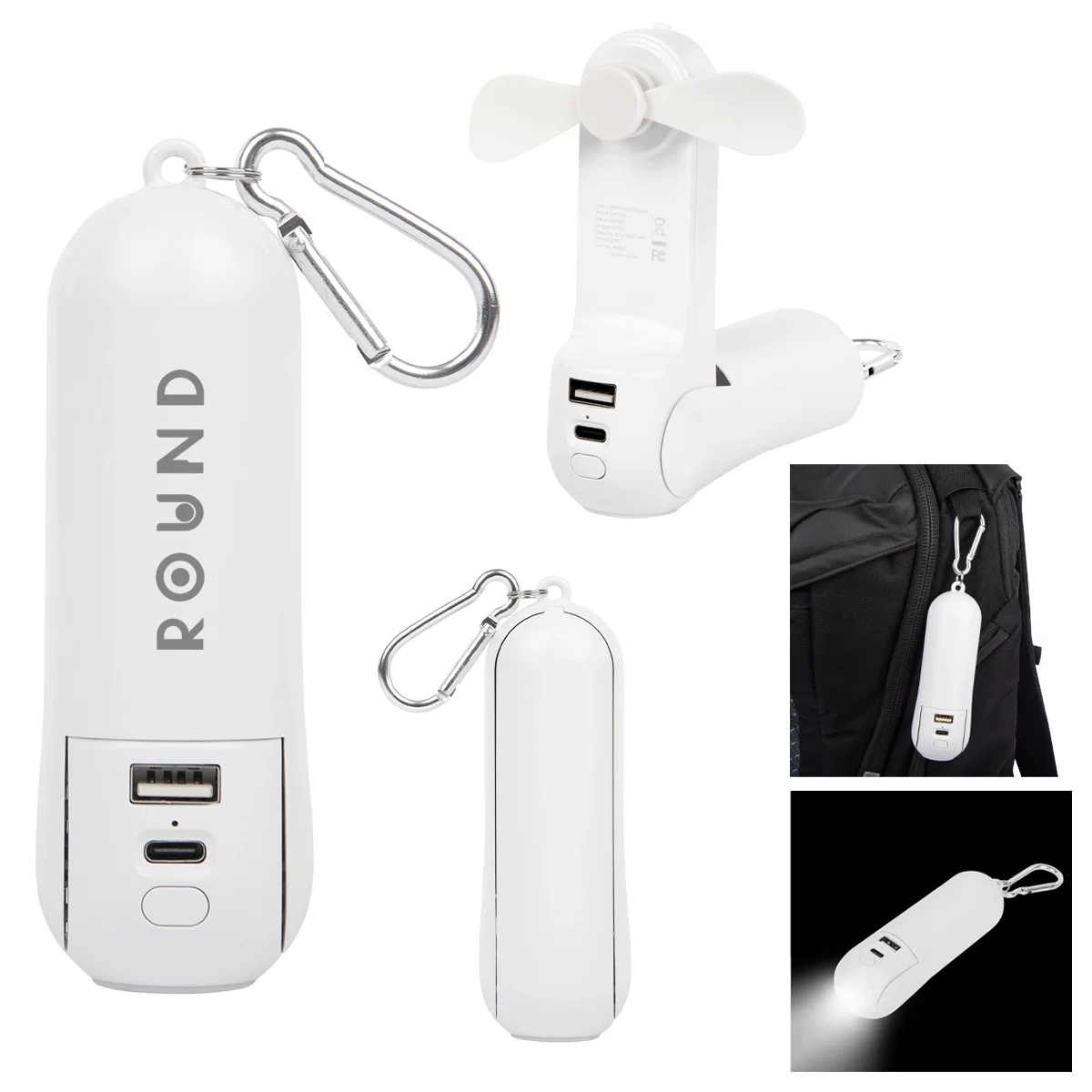 White power bank combining a small fan and flashlight