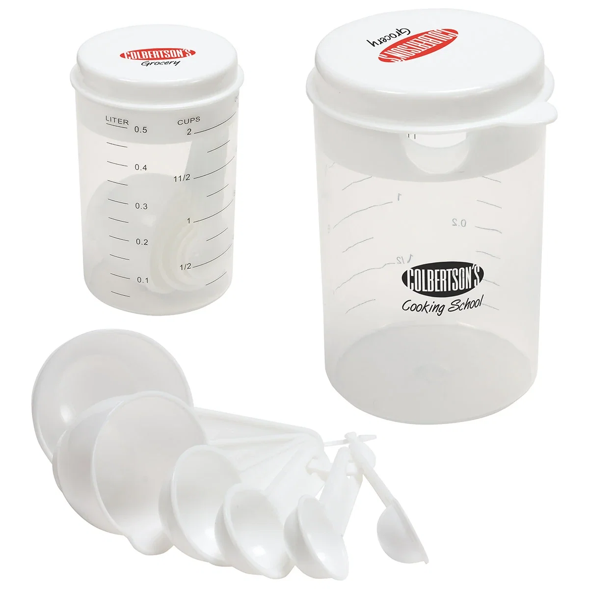 Custom Recipe-Ready Measuring Cup Set & Strainer, front view of the branded kitchen set