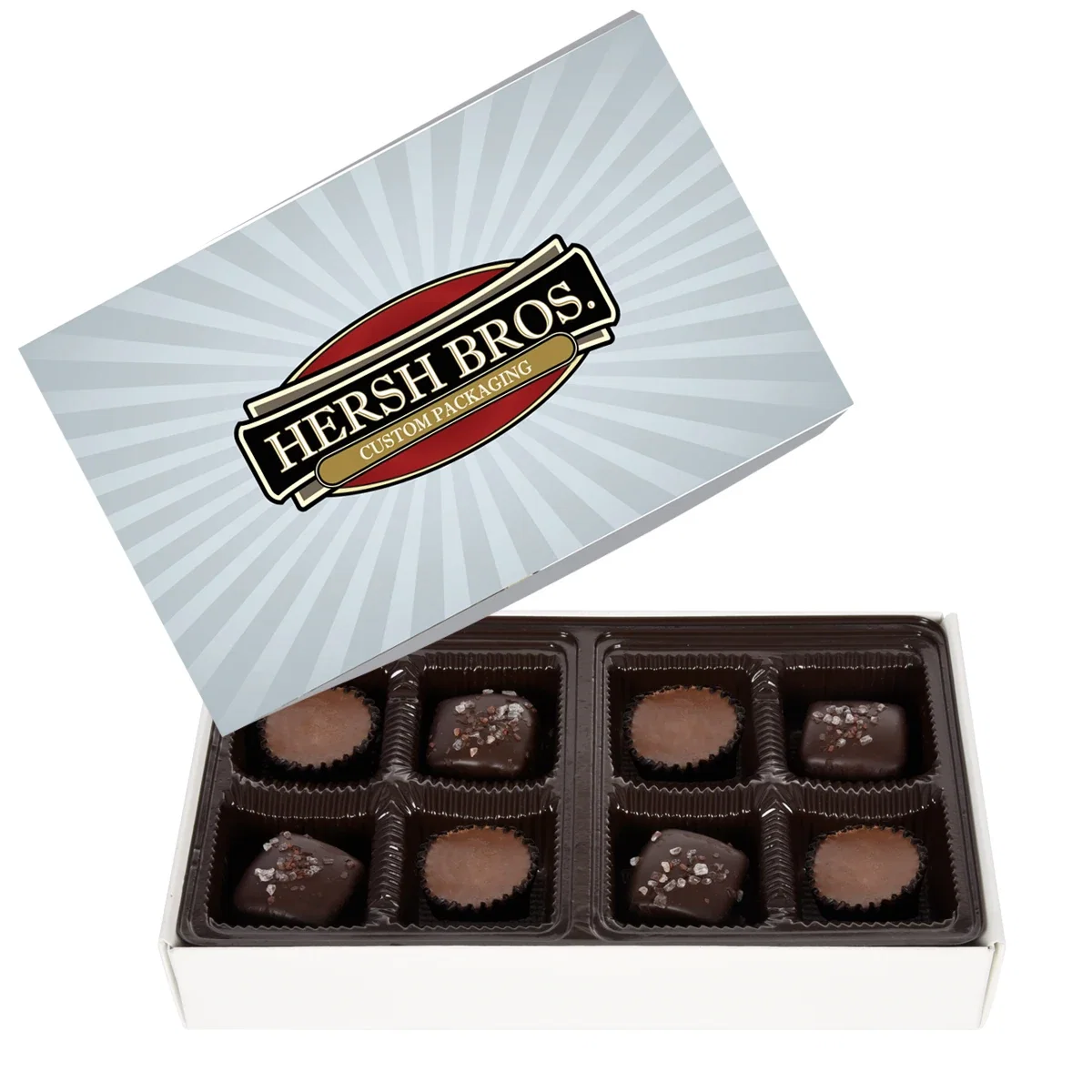 Angled view of the slim gift package for chocolates
